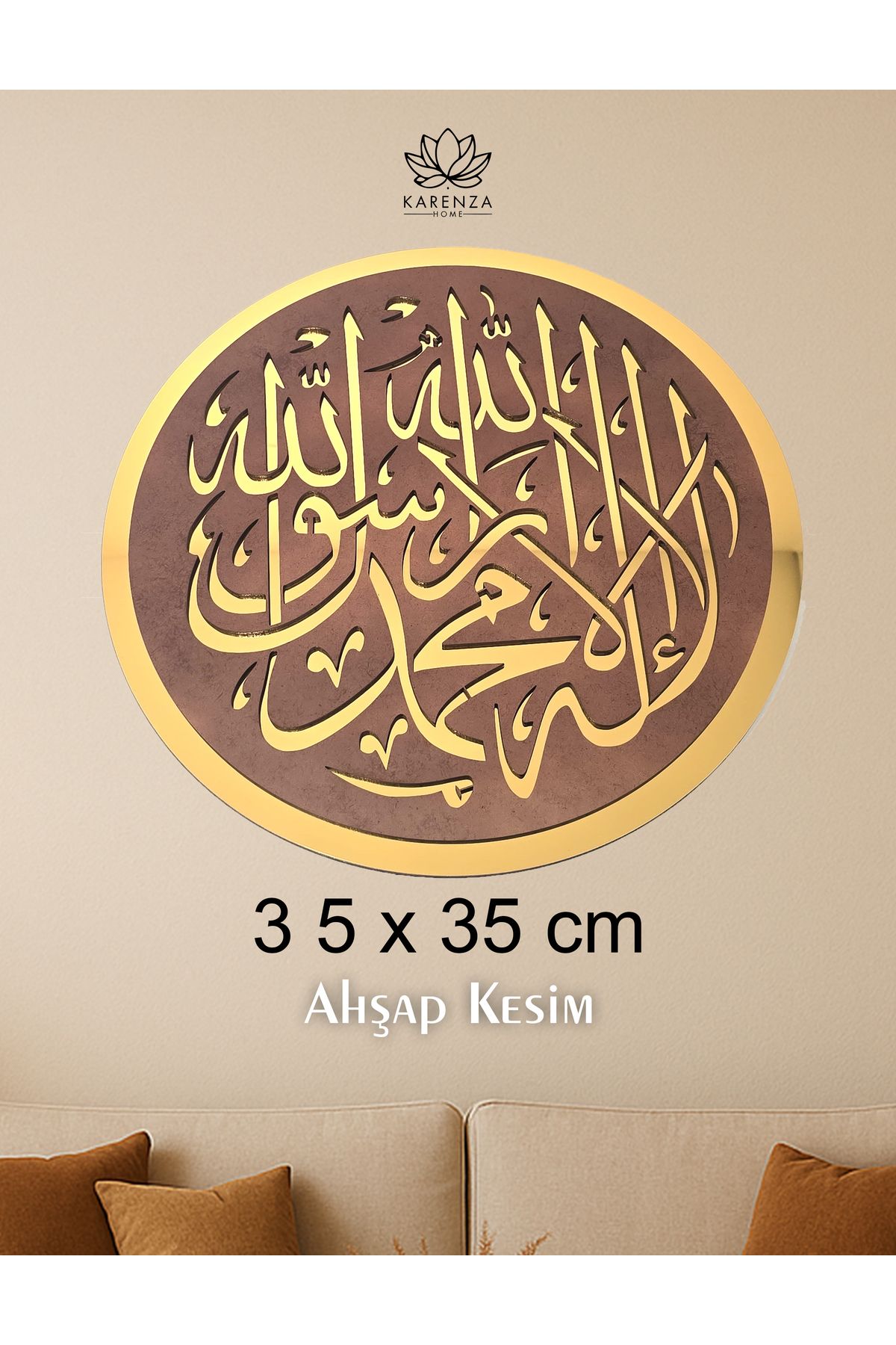 Karenza Home Altın Aynalı Pleksi Kelime-i Tevhid Duvar Tablosu 35x35 cm İslami Dekoratif Tablo