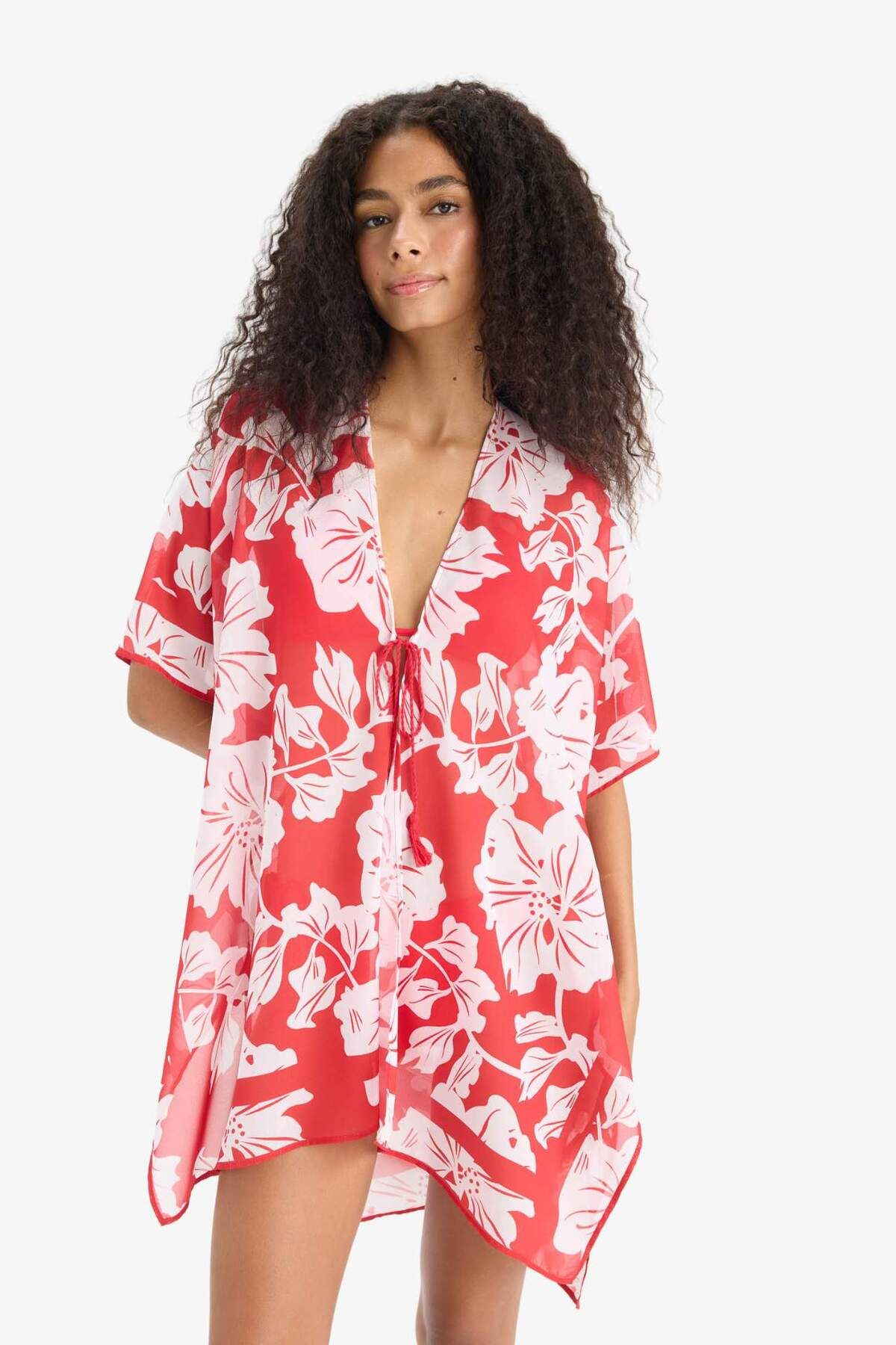 DeFacto Regular Fit Tropikal Desenli Şifon Plaj Kimono-Fall in Love E8221AX25SP