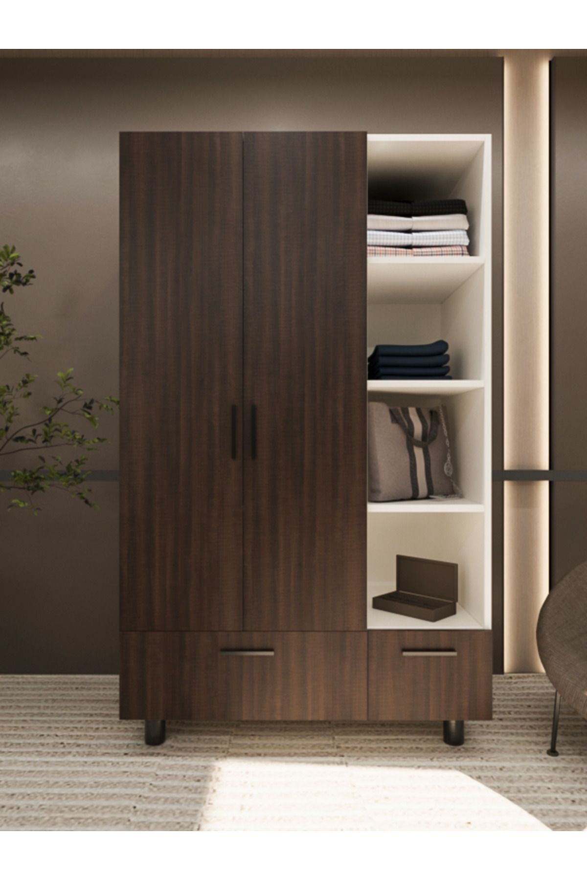 Nitro Furniture Velmira 2 Kapaklı 2 Çekmeceli 4 Raflı Gardırop - Kompakt ve Şık Depolama Çözümü VL0010