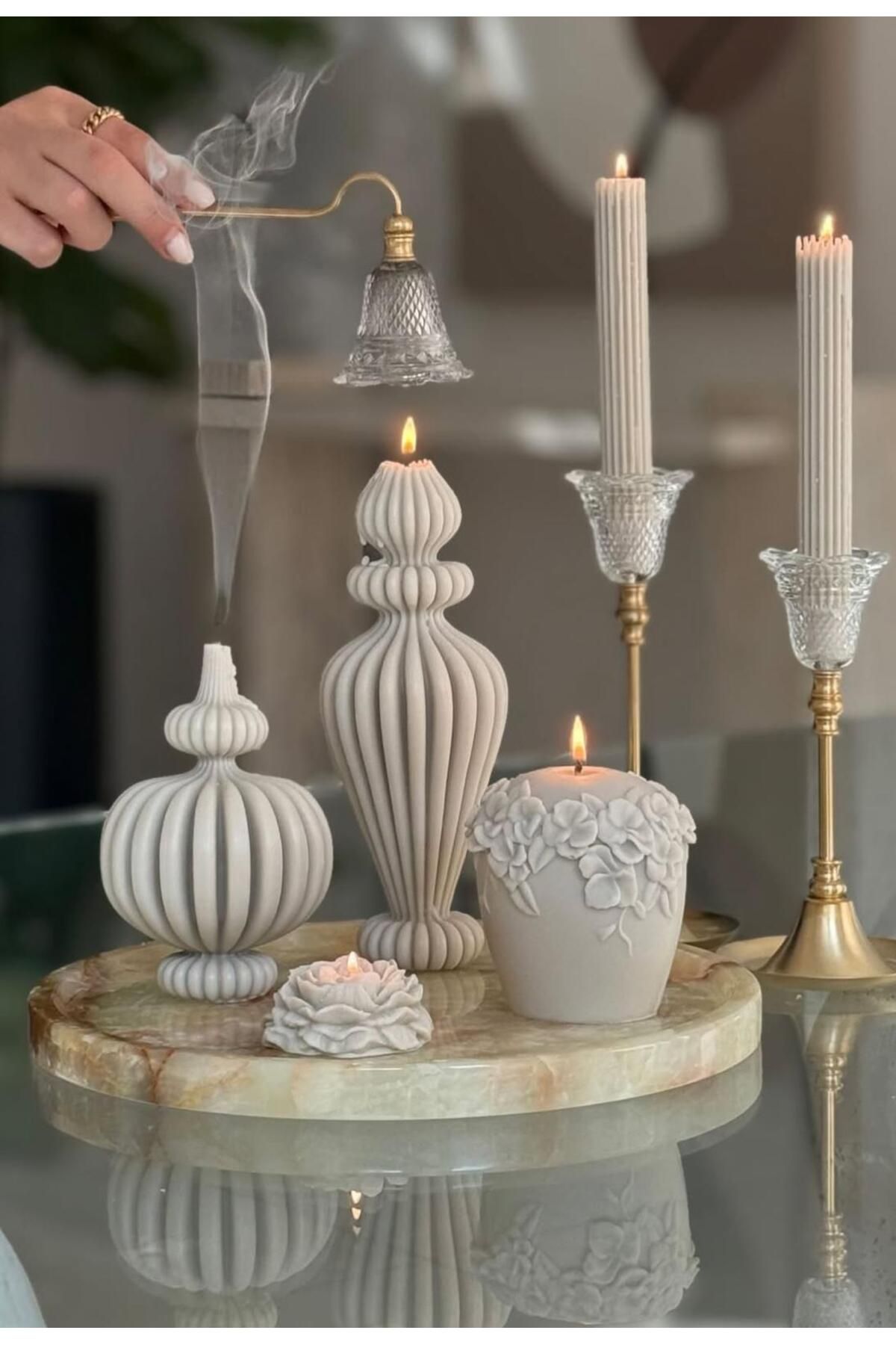 SCA CANDLE Dekoratif Mum Marako model Vazo +Marako Yuvarlak +Gül +Çizgili Şamdanlık mum +Gül Toplam 6 parça