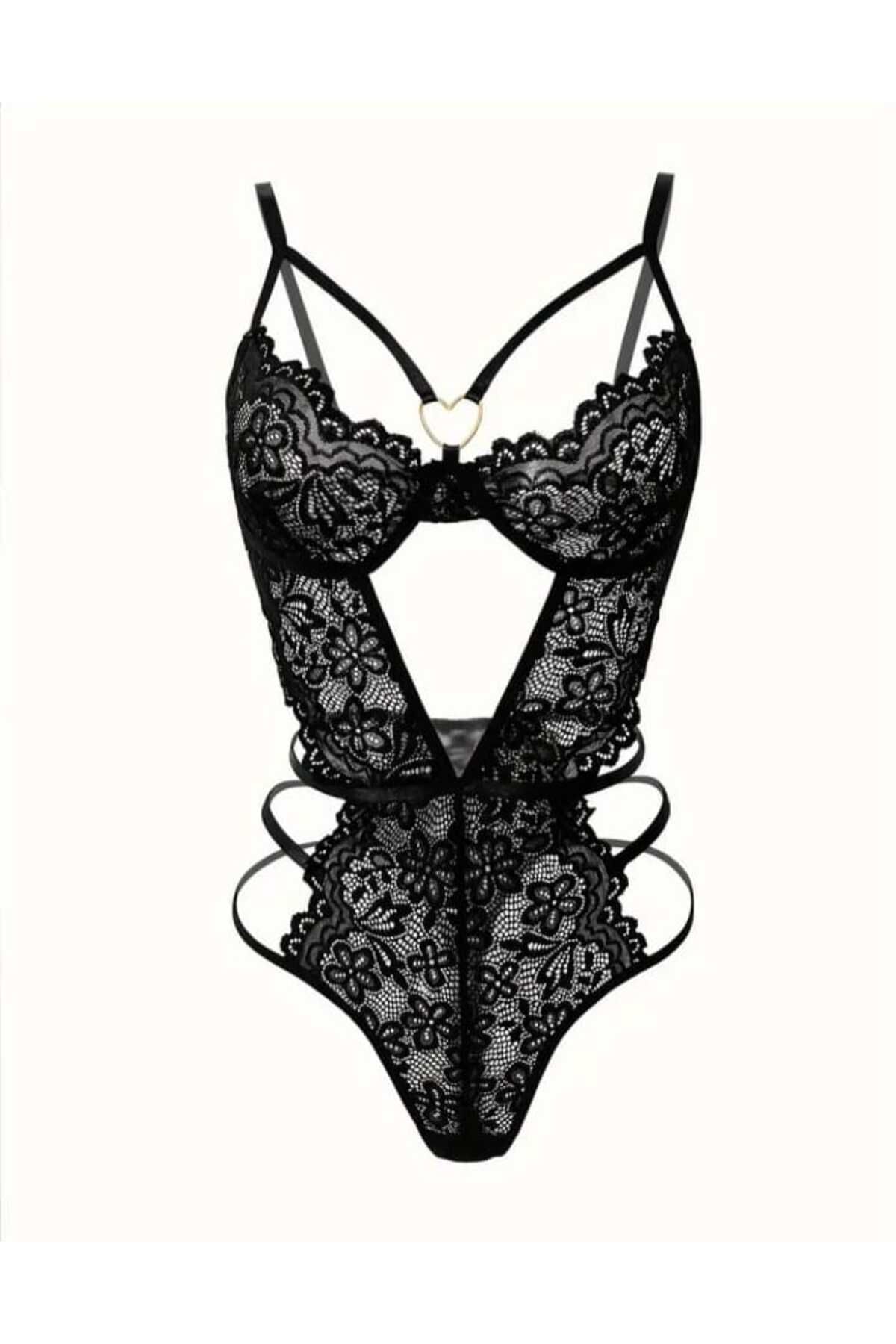 VEGA İÇ GİYİM Siyah Dantel Transparan Bodysuit / Tek Parça