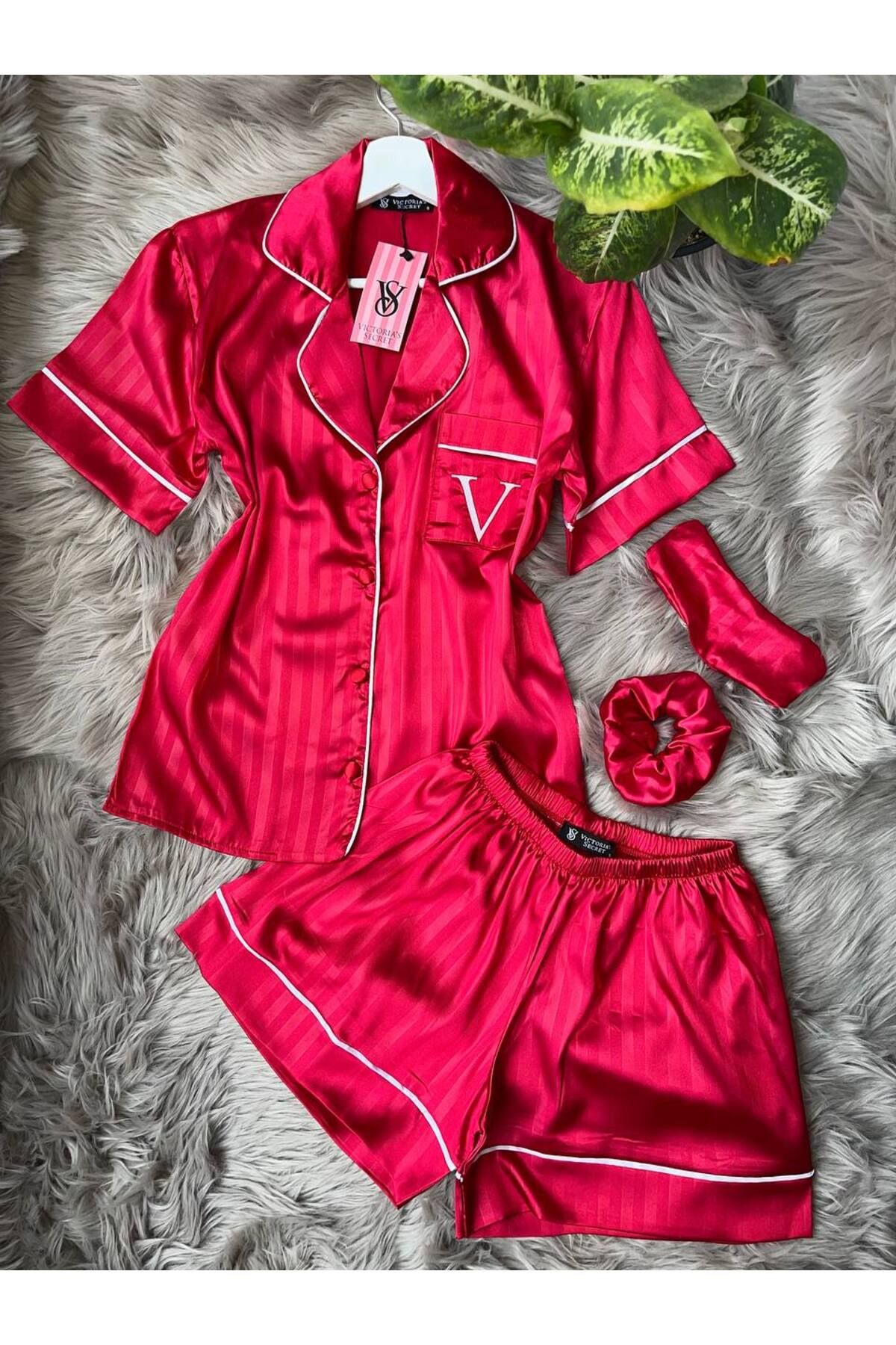saviniboutique SAVİNİ Victoria Kadın Saten Önden Düğmeli Çizgili Şortlu Pijama Takımı