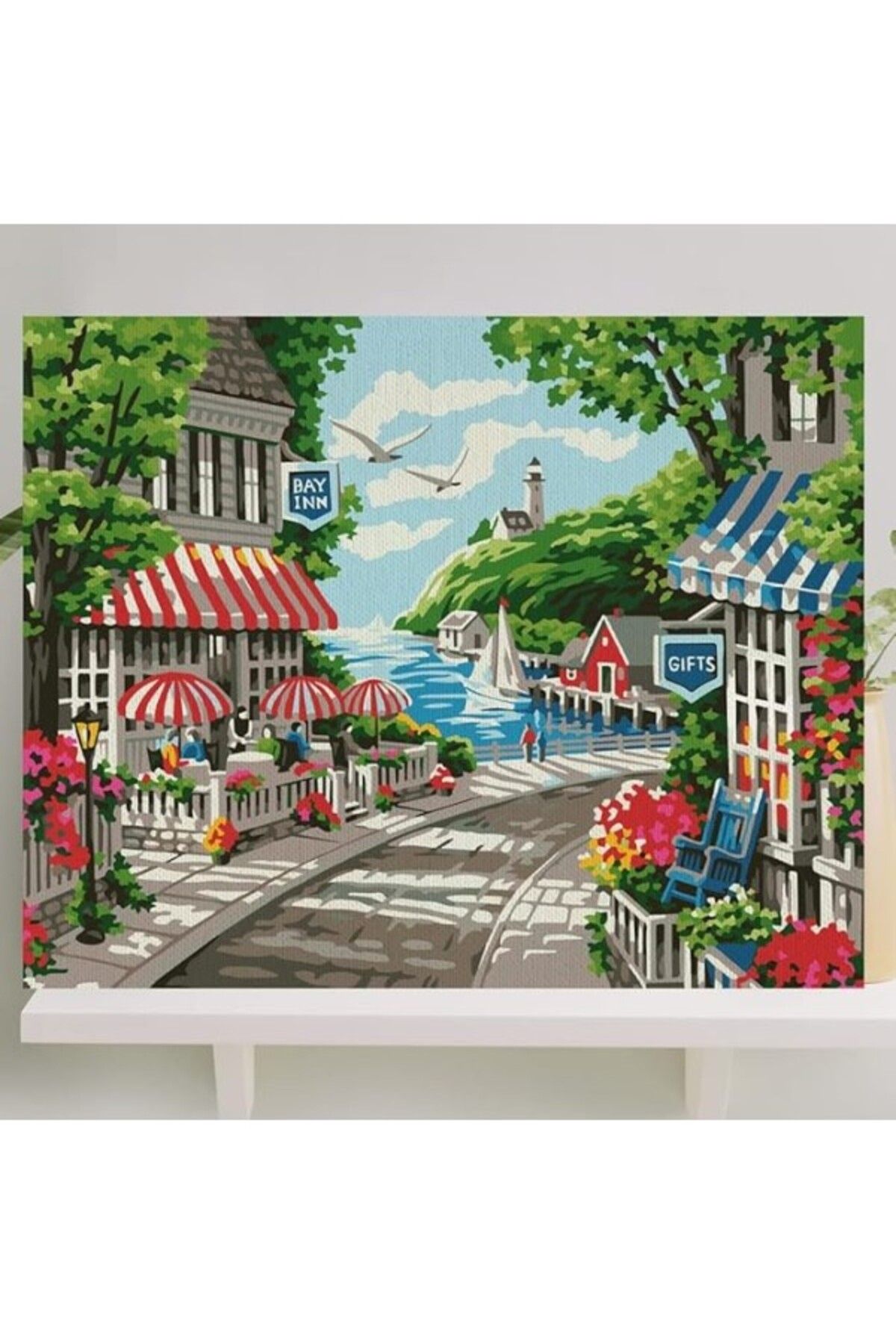 ShopZum Sayılarla Boyama Tuval Seti Fırça Boya Dahil (Çıtalı) 40X50 Cm - Sahil Kasabası
