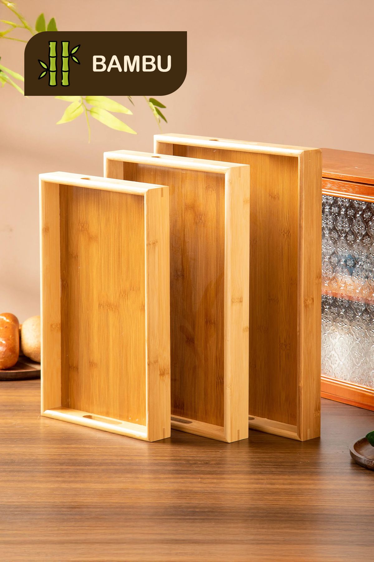 Fesya Home 3'lü Bambu Tepsi Doğal Bambu 3'lü Dikdörtgen Tepsi Seti