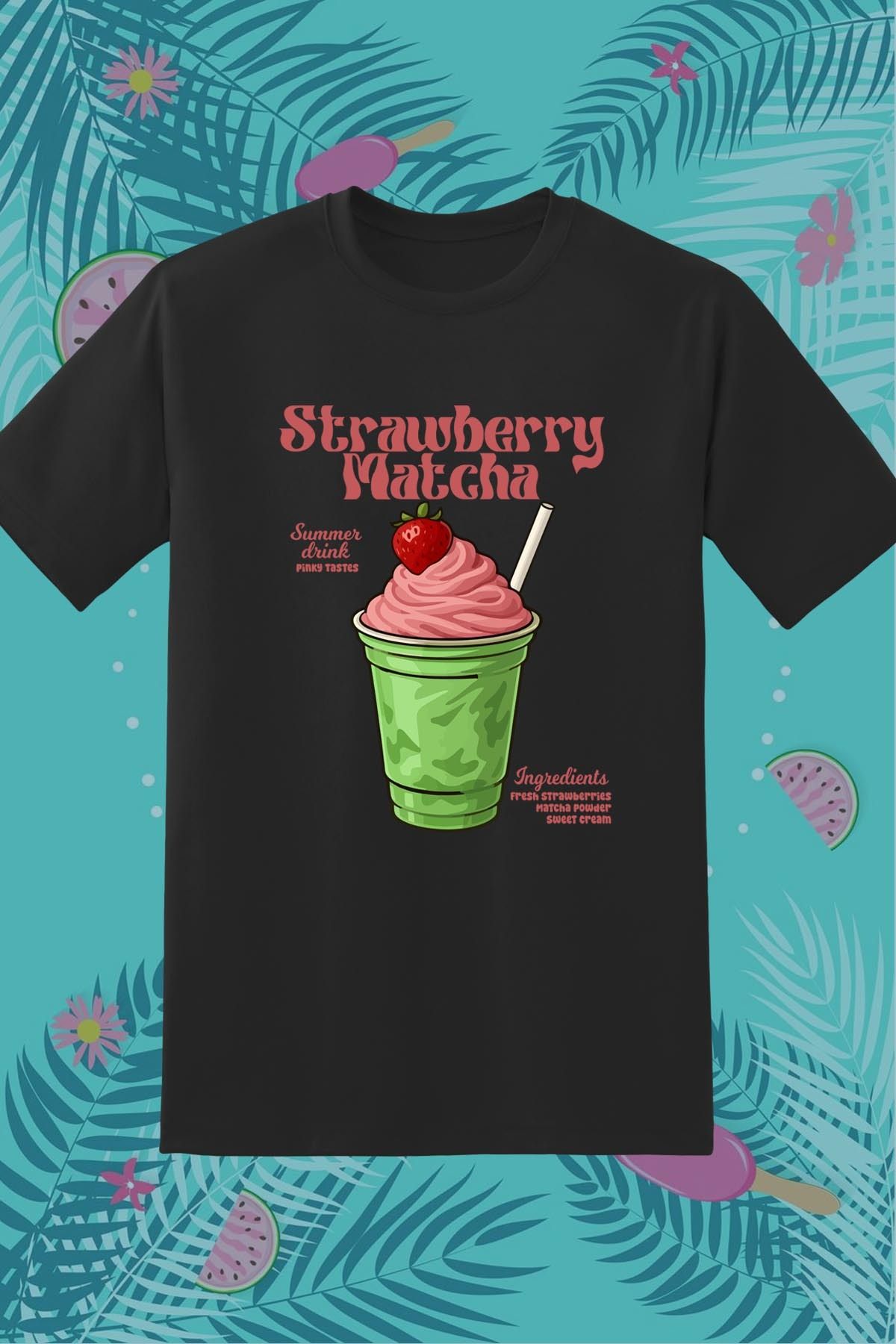 362BASKI Yaz Temalı Strawberry Matcha İçecek Baskılı Tshirt