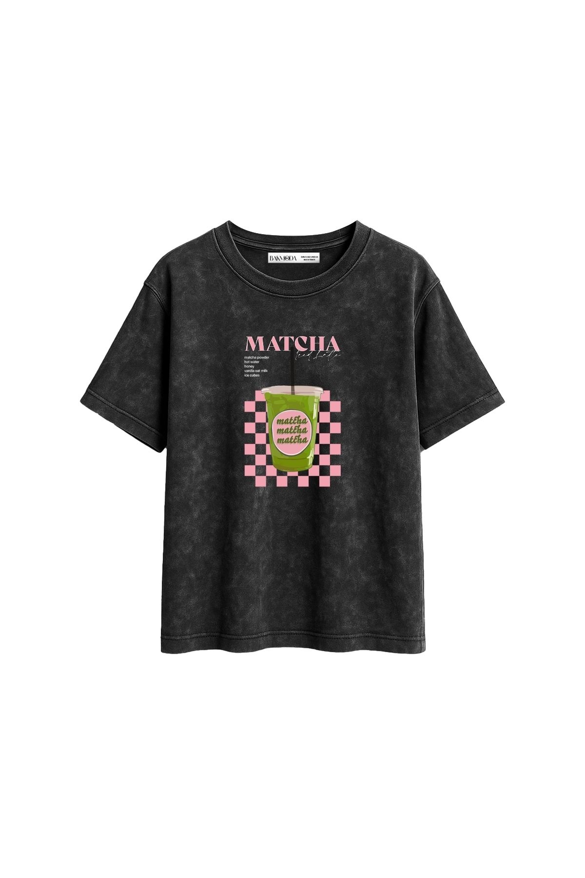 CİNEMA MODA Matcha Iced Latte Baskılı Relaxed Fit Yıkamalı Siyah Kadın Tshirt