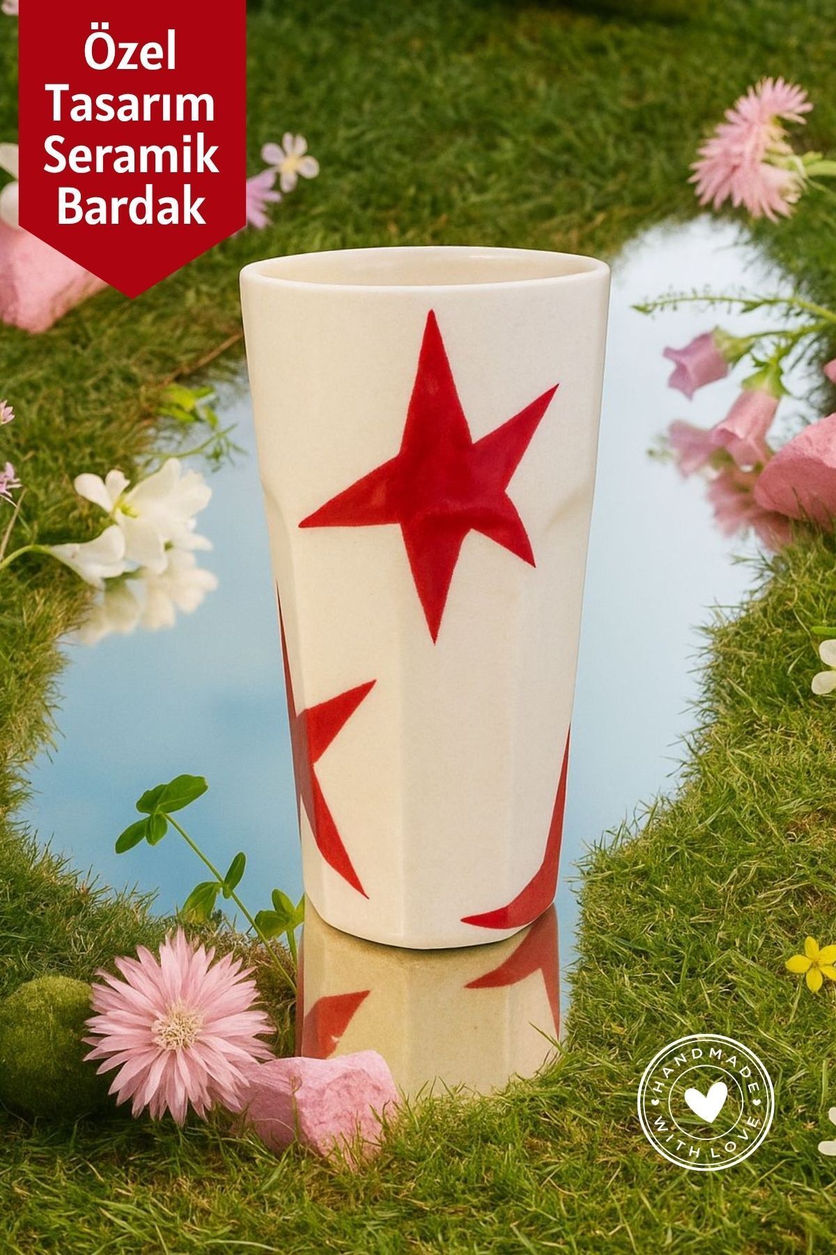 Mim and More Kırmızı Yıldız Desenli El Yapımı Seramik Bardak – Özel Tasarım
