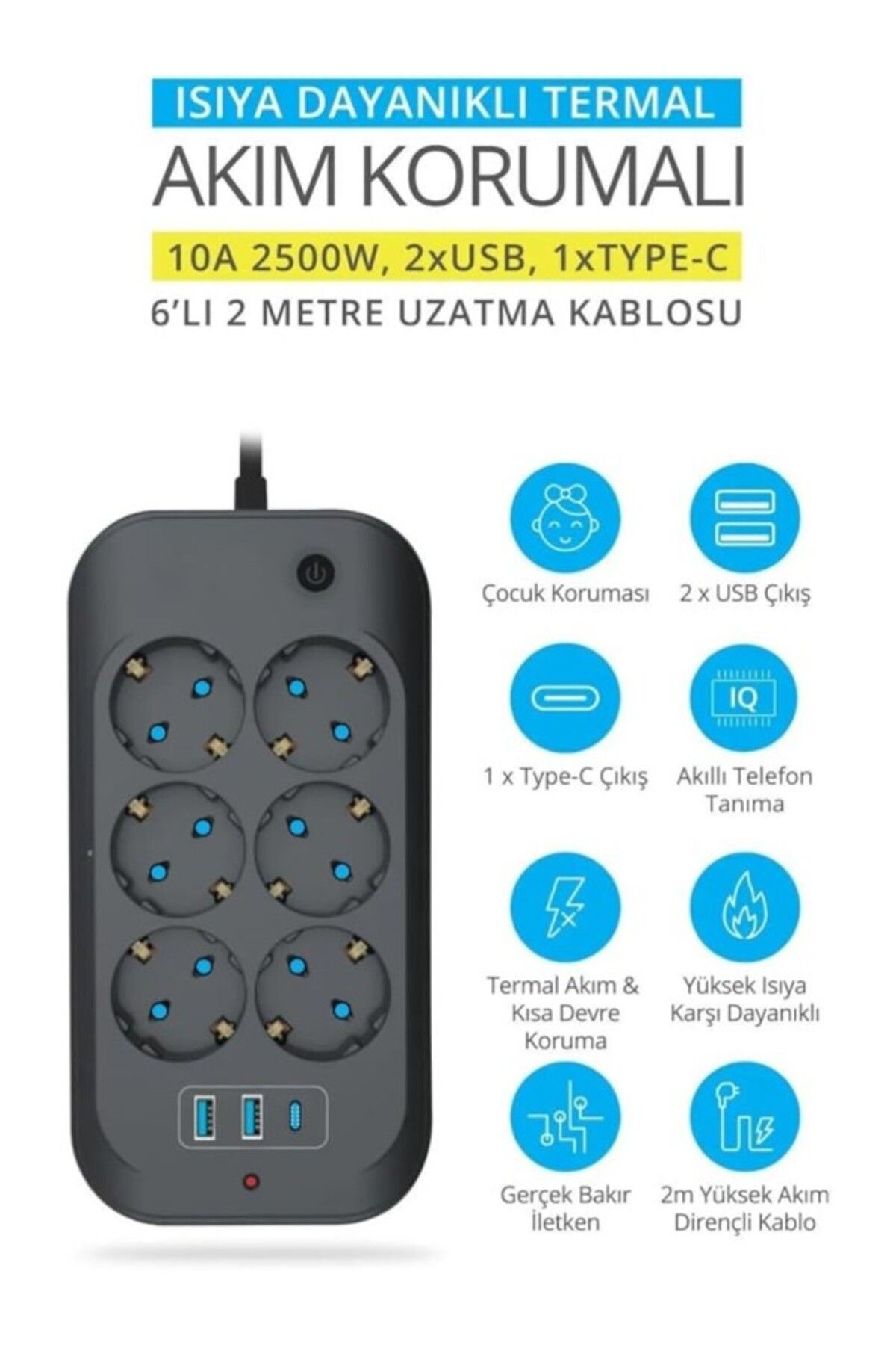 ShopZum Termal Akım Korumalı, 6'Lı Priz Soketi, 3X Usb Girişli Çocuk Korumalı Uzatma Kablosu