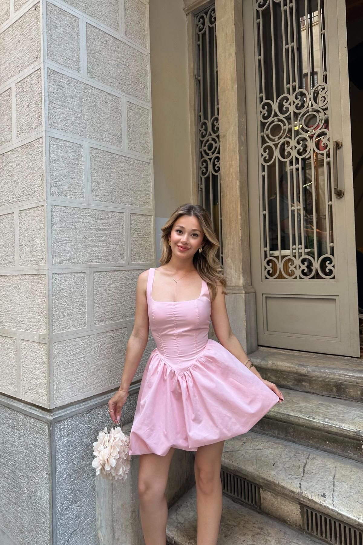 mylove Askılı Balon Mini Elbise Pembe