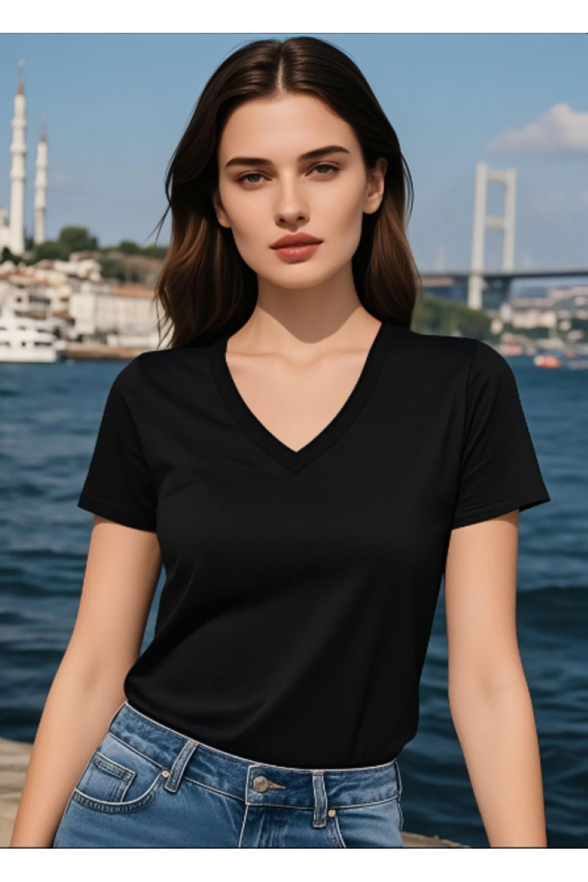 MODA Siyah Renk Kadın V Yakalı t-shirt Pamuk Günlük Tişört