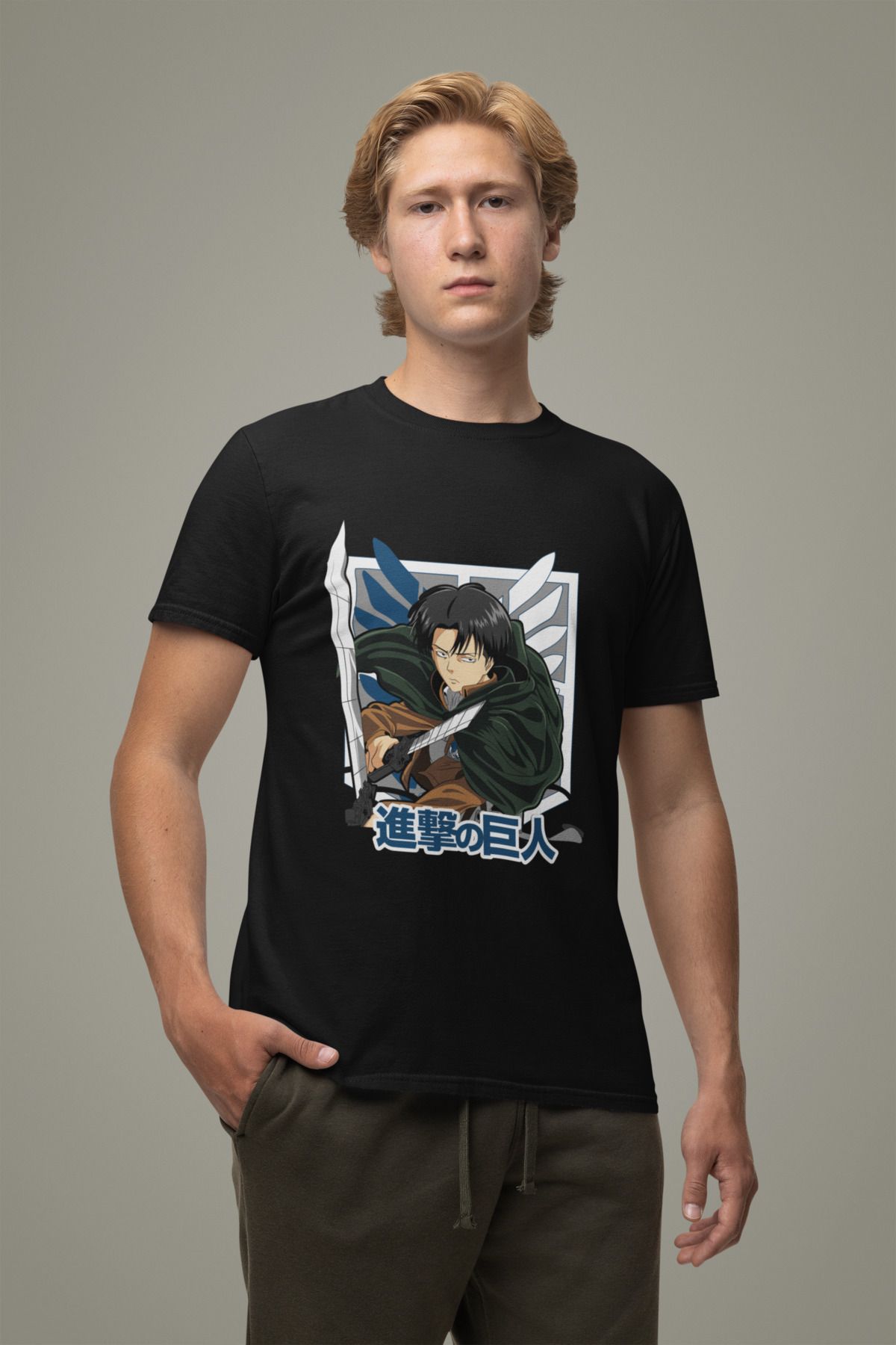 Bubuga Levi Ackerman Baskılı Erkek Tişörtü – Attack on Titan Anime Tasarımı %100 Pamuk