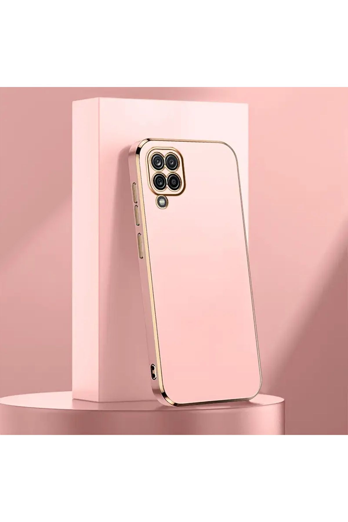 Merwish Galaxy A12 Uyumlu Lazer Kesim Gold Çerçeve Pembe Kapak Kılıf