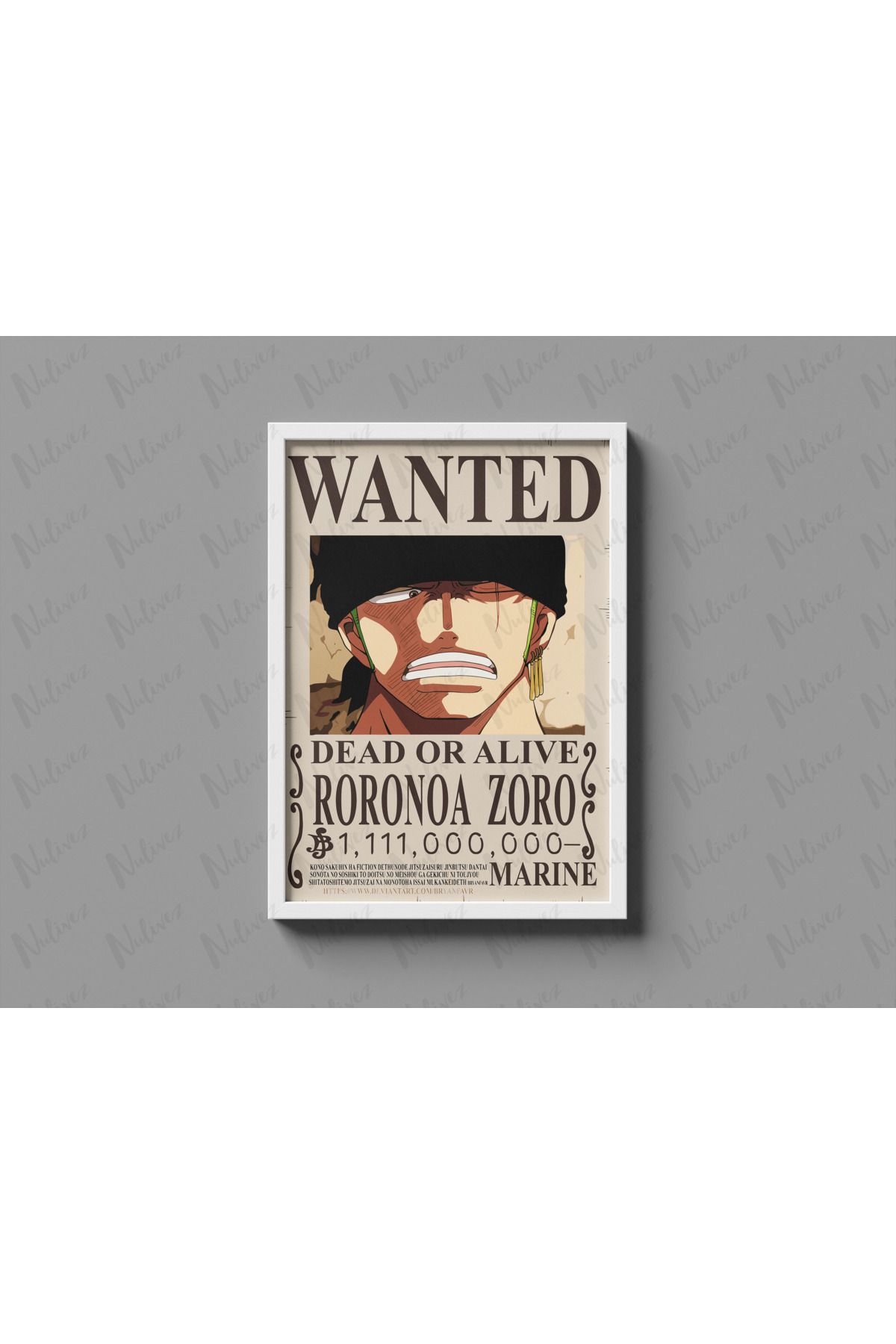 Nulivez Çerçeveli, One Piece Wanted Zoro Tasarımlı Dekoratif Tablo, 300 Micron Antireflecte Korumalı Tablo