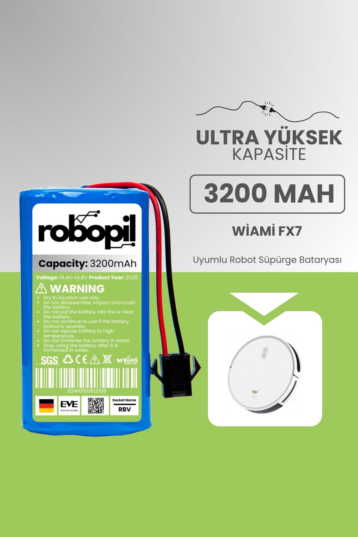 ROBOPİL Wiami Fx7 Uyumlu Batarya (ULTRA YÜKSEK KAPASİTE) 3200mah Pil Robot Süpürge Bataryası