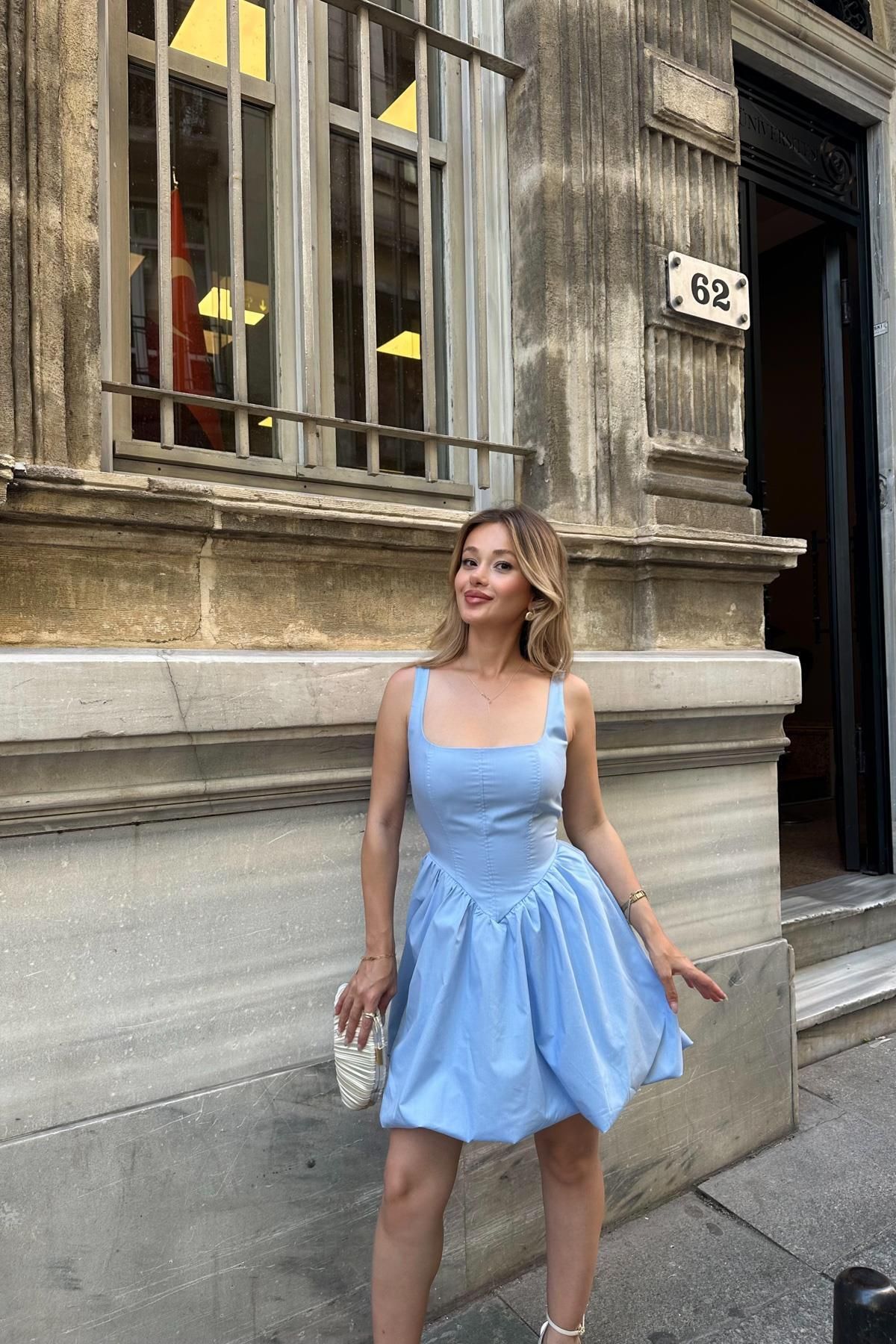 mylove Askılı Balon Mini Elbise Mavi