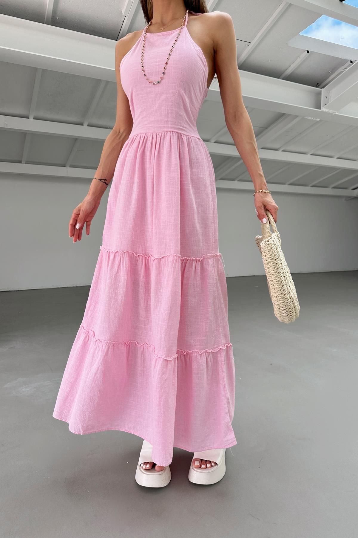 mylove Boyundan Bağlamalı Keten Elbise Pembe