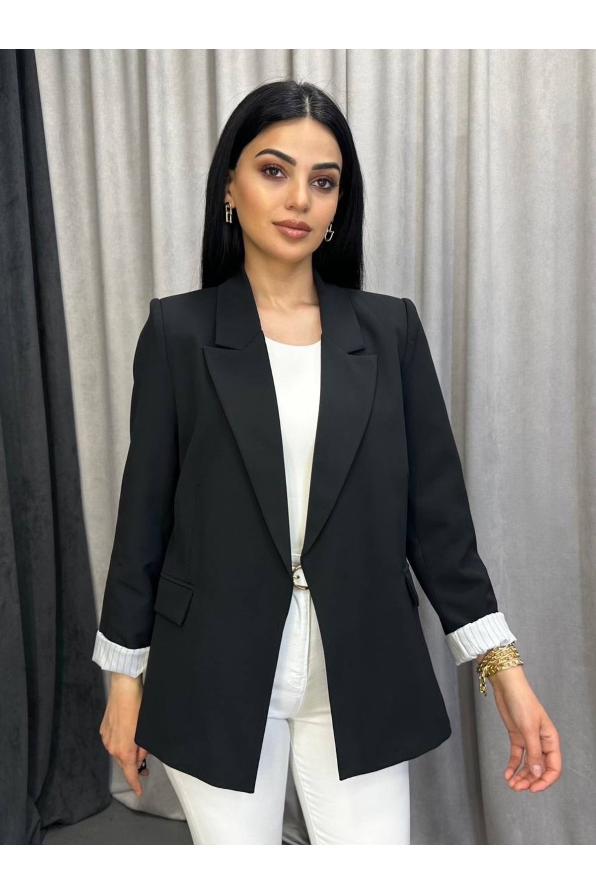 Mhm Kruvaze Yaka Düğmesiz Astarlı Katlanabilir Kollu Blazer Ceket