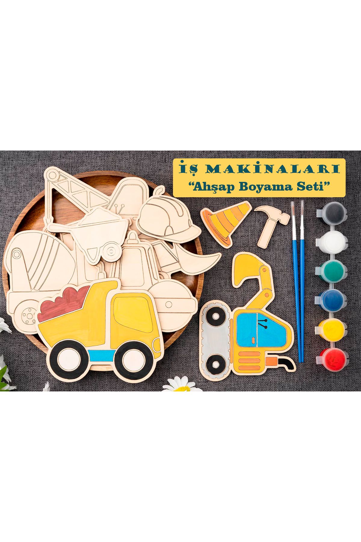 GONCA EĞİTİM Ahşap Kendin Yap İş Makinaları Boyama Seti - Eğitici Ahşap Montessori Oyuncak