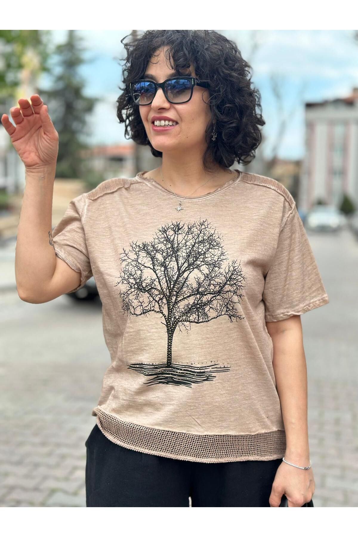 Seviliko Kadın Hayat Ağacı Taş Baskı Detaylı Omuz Etek File Detay %100 Pamuk T-Shirt