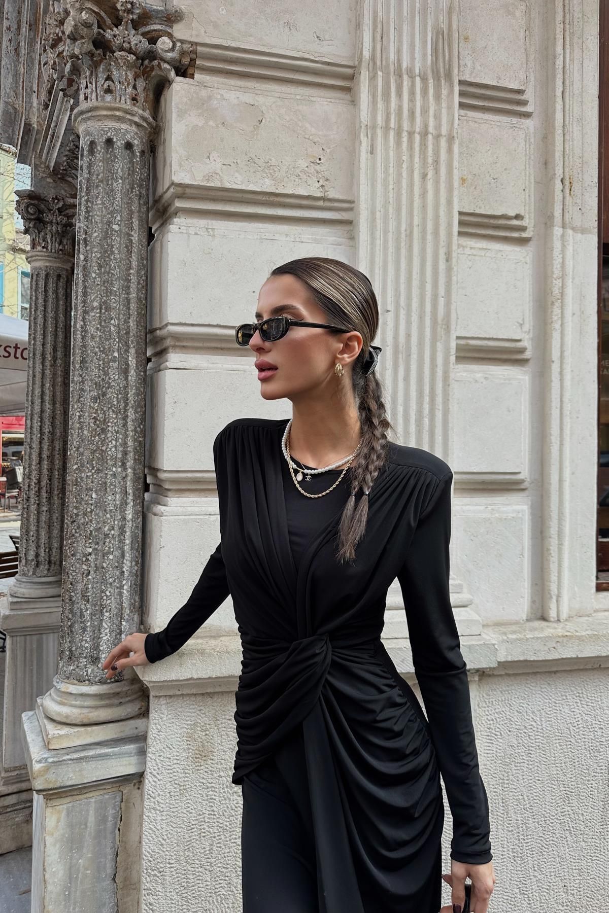 mylove Drapeli Yırtmaçlı Elbise Siyah