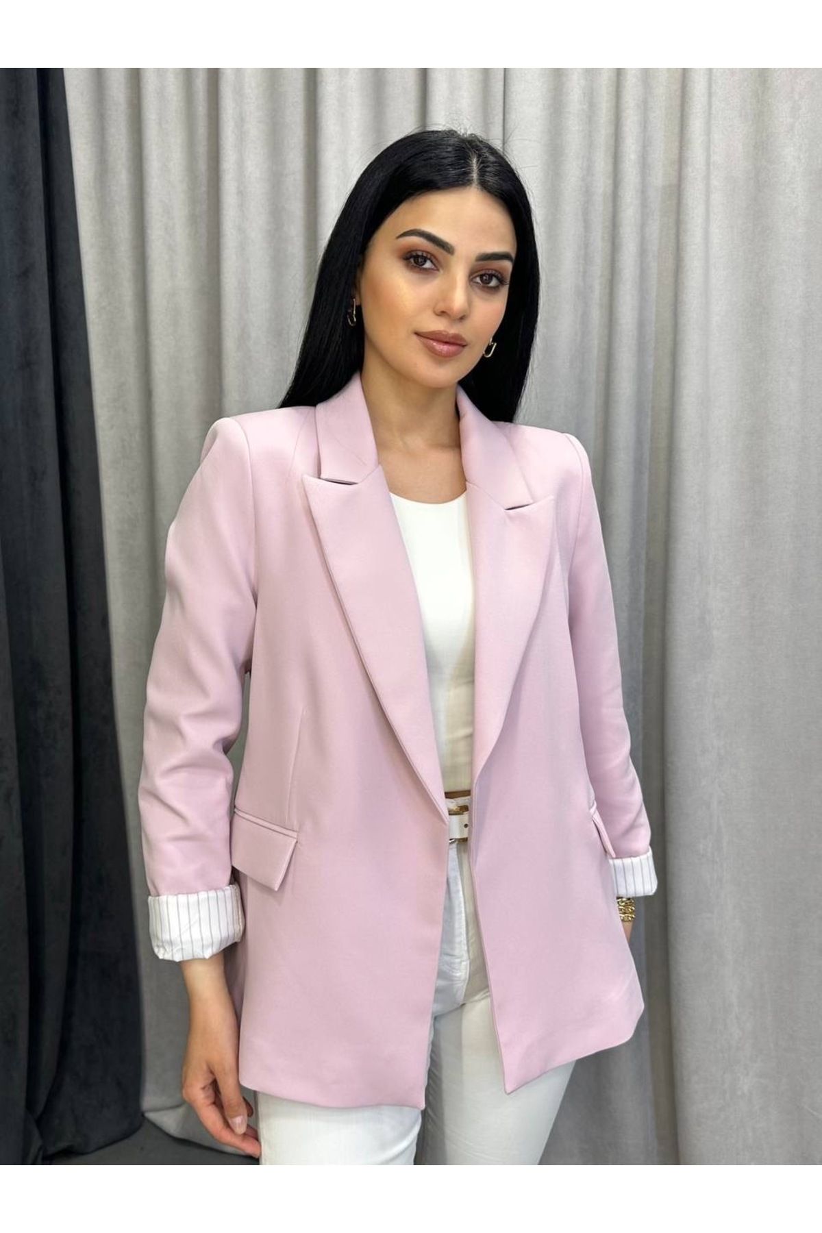 Mhm Kruvaze Yaka Düğmesiz Astarlı Katlanabilir Kollu Blazer Ceket