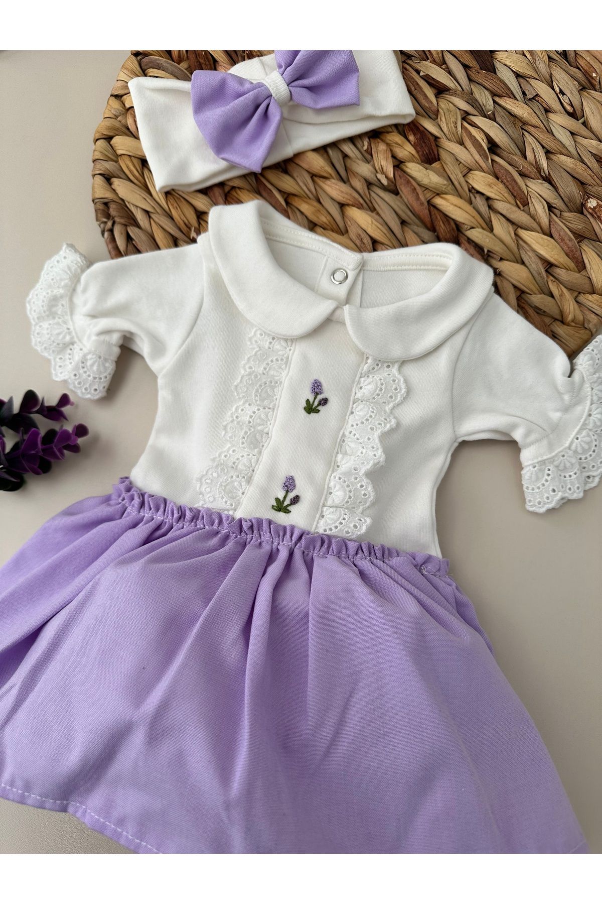 Mama Miel Baby Zambak - El İşi Mor Etekli Body Elbise ve Bandana