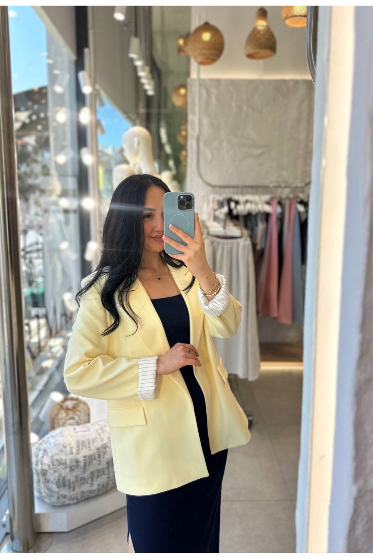 Mhm Kruvaze Yaka Düğmesiz Astarlı Katlanabilir Kollu Blazer Ceket