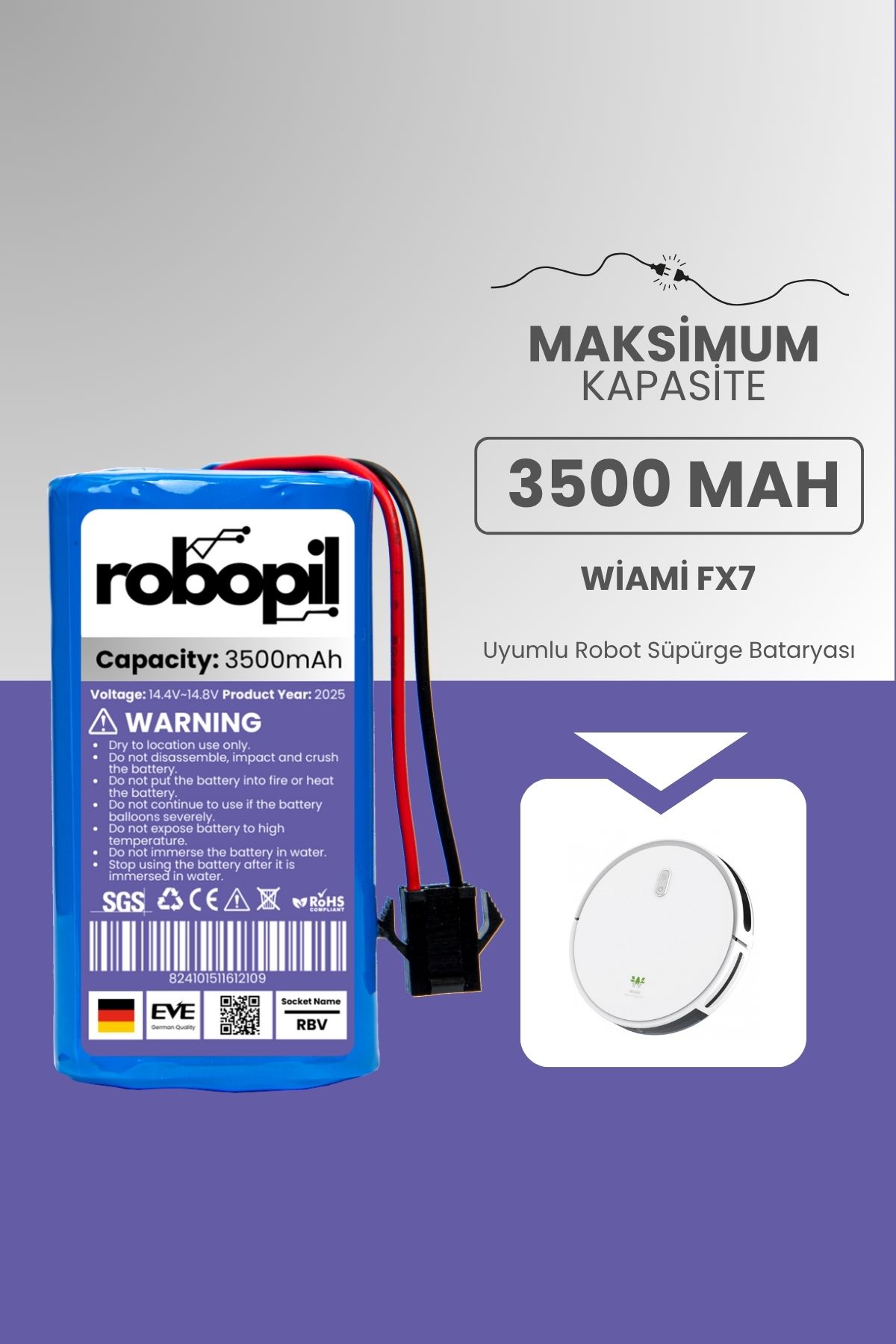 ROBOPİL Wiami Fx7 Uyumlu Batarya (MAKSİMUM KAPASİTE) 3500mah Pil Robot Süpürge Bataryası