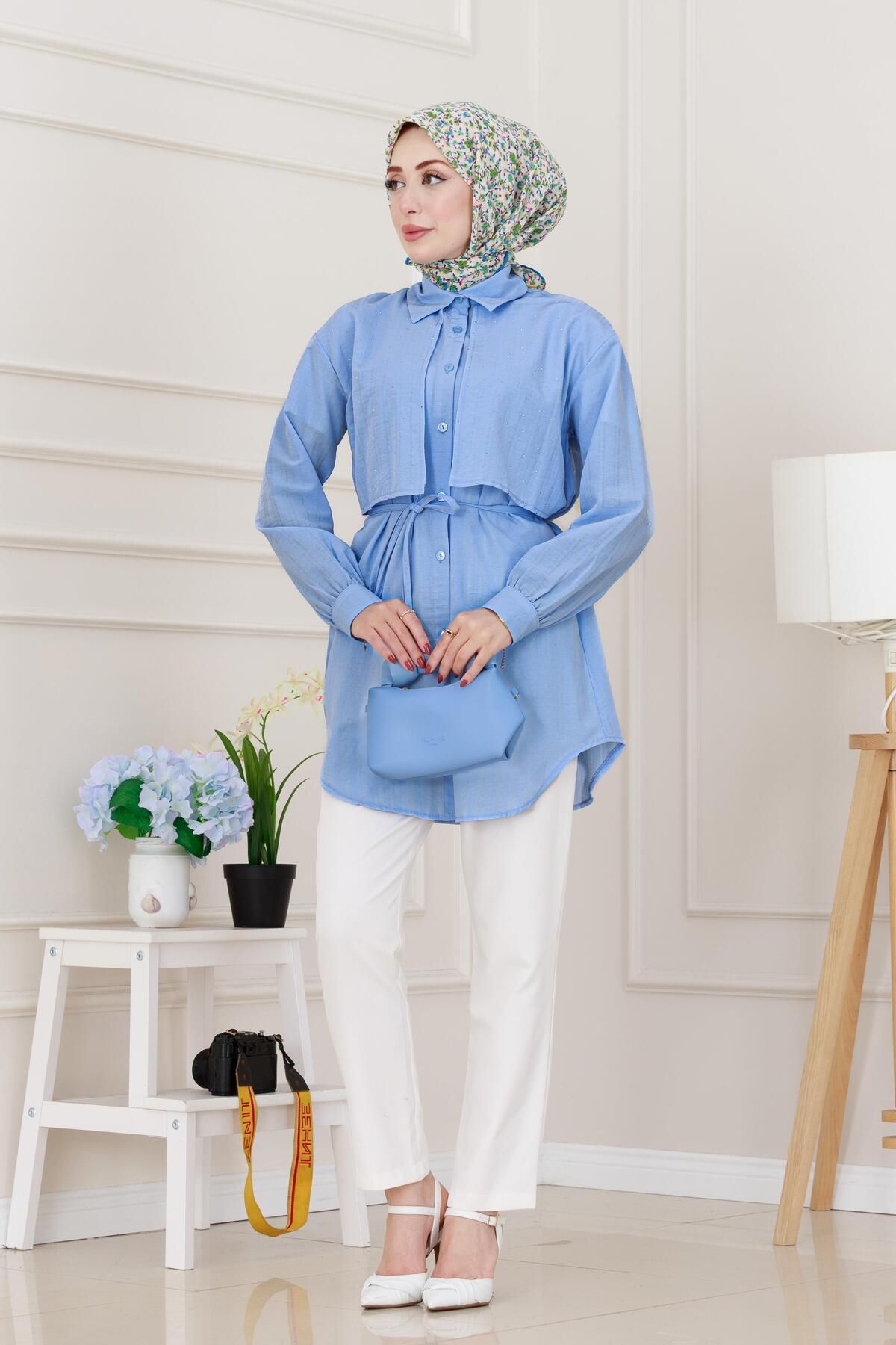 Sevitli Beli Bağcıklı Allerli Taşlı Tunik-Bebe mavi