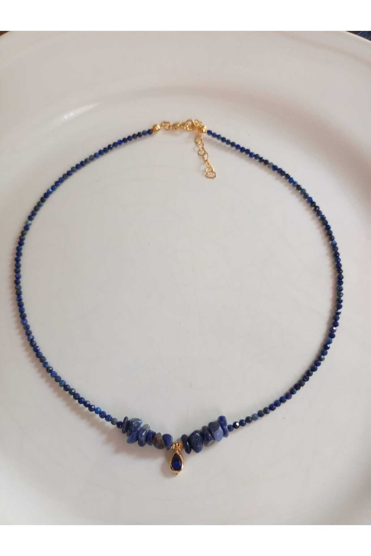 Mudita Tasarım 2 mm faset kesim gerçek doğal Lapis Lazuli tasarım kolye