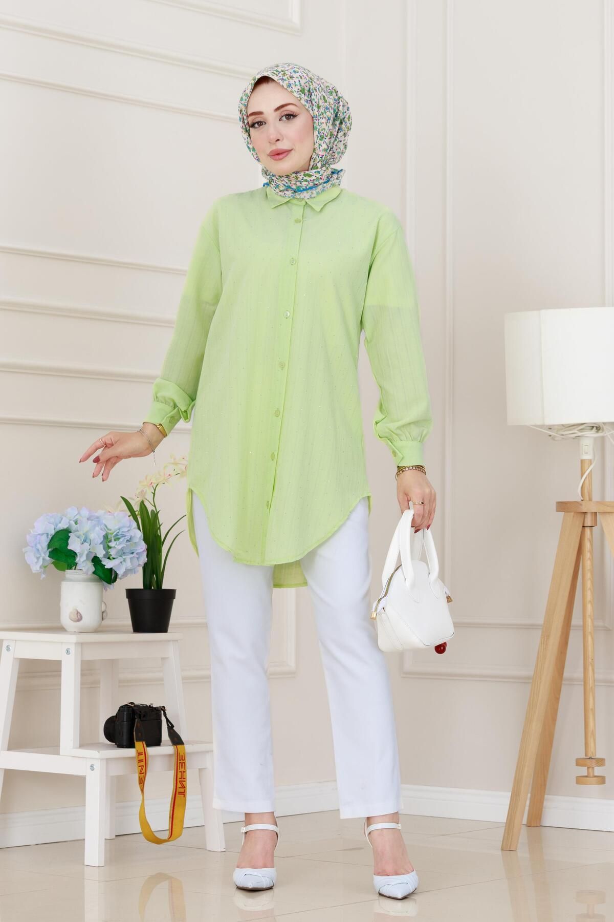 Sevitli Göğüsü Taş Detaylı Oversize Tunik-Sarı