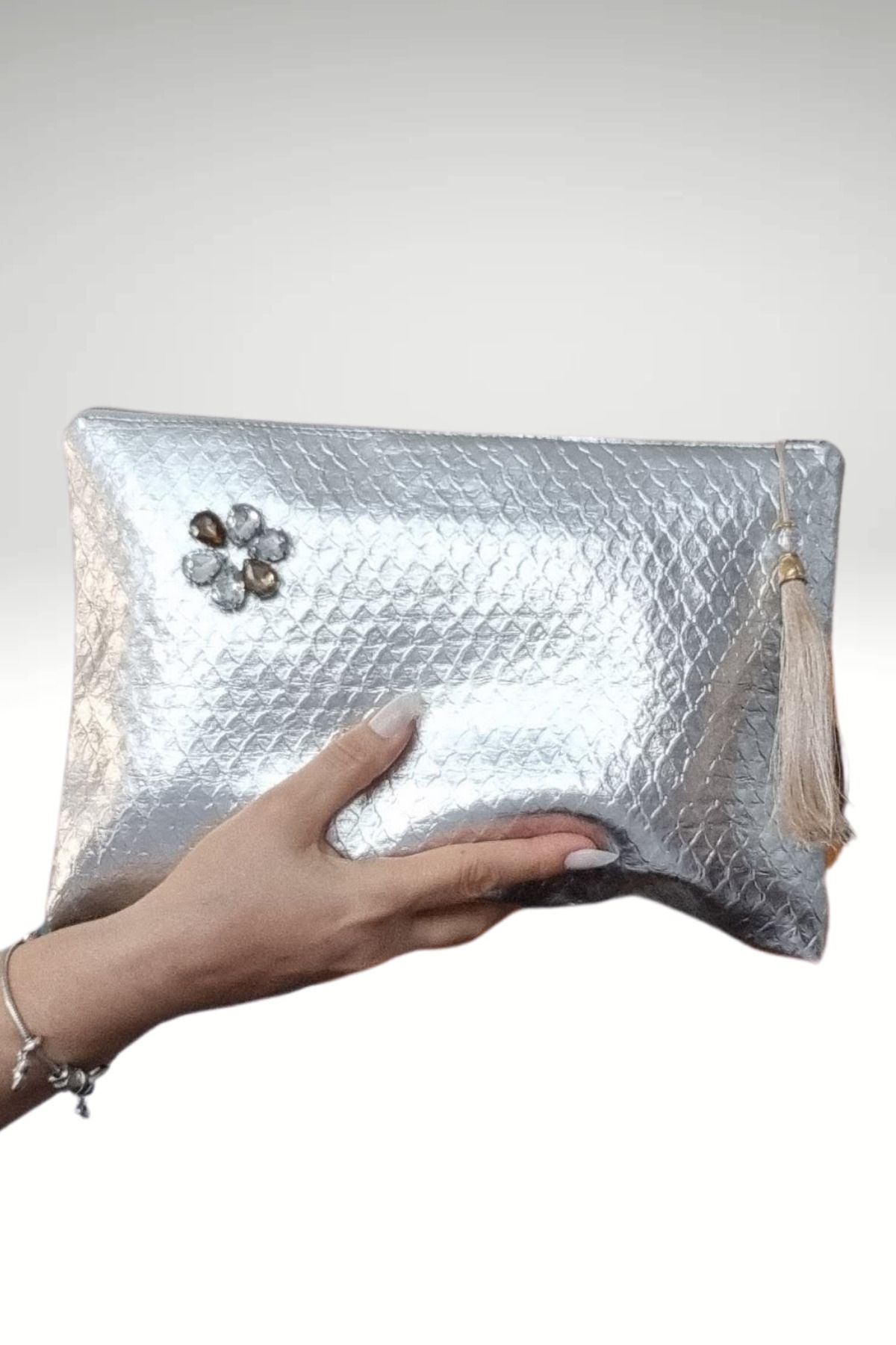 KRIMO Kadın Deri Portföy Clutch Lame Gümüş Çanta