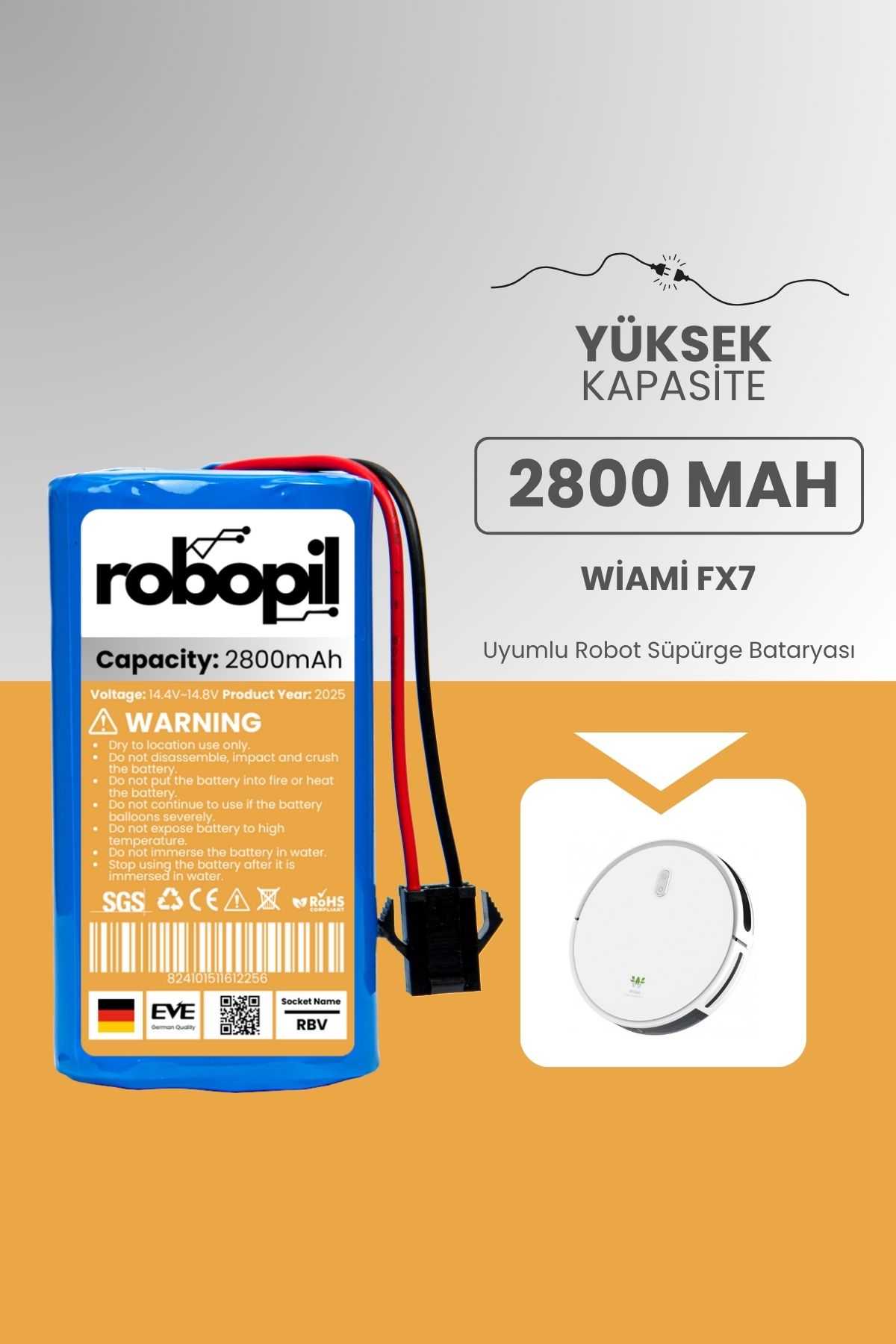 ROBOPİL Wiami Fx7 Uyumlu Batarya (YÜKSEK KAPASİTE) 2800mah Pil Robot Süpürge Bataryası