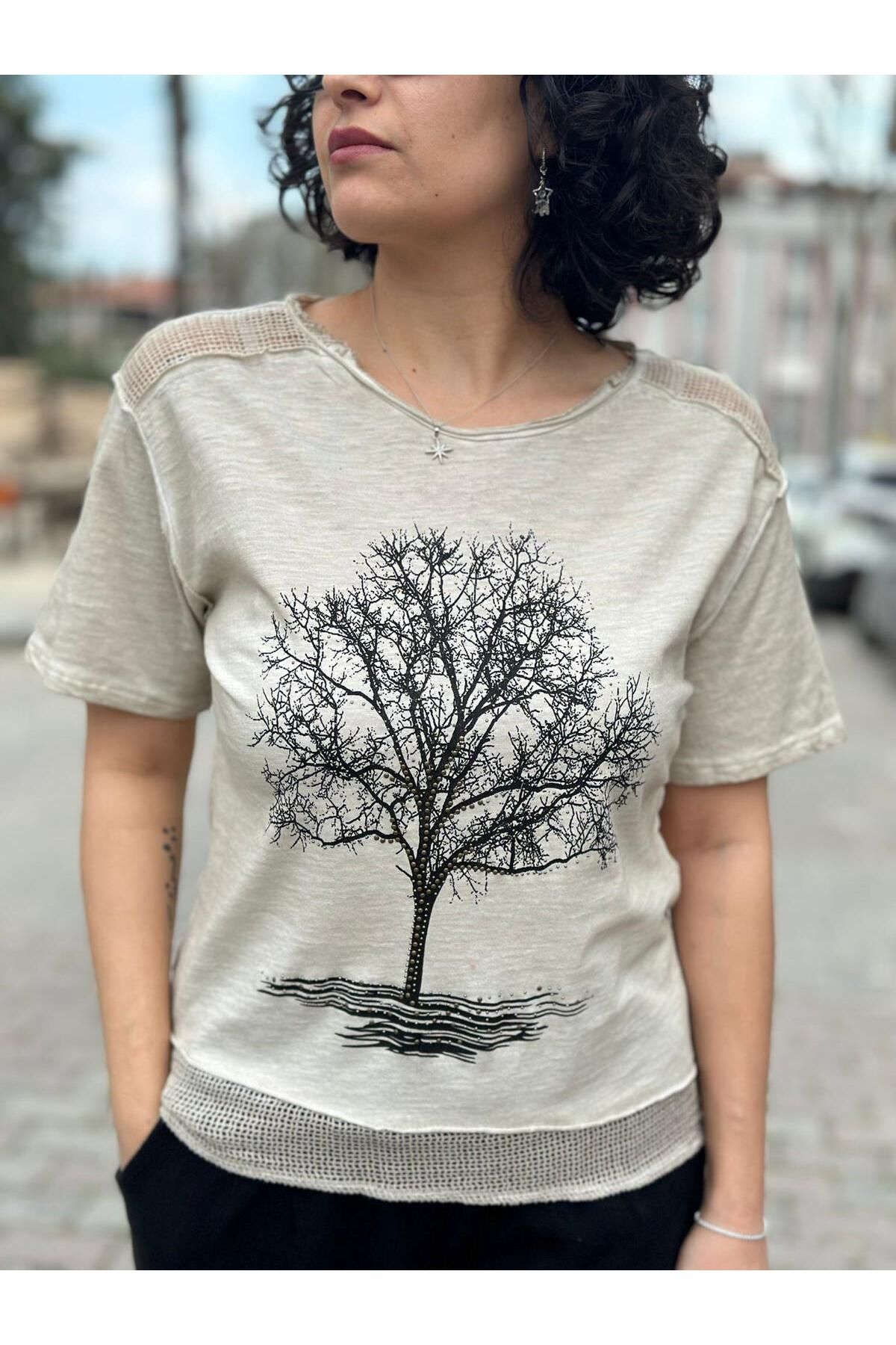 Seviliko Kadın Hayat Ağacı Taş Baskı Detaylı Omuz Etek File Detay %100 Pamuk T-Shirt