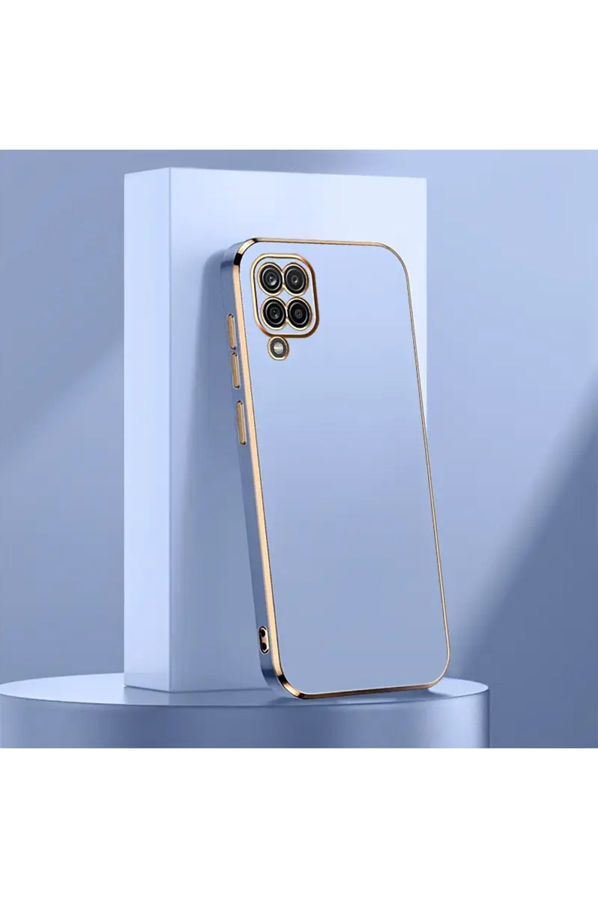 Merwish Galaxy A12 Uyumlu Lazer Kesim Gold Çerçeve Mavi Kapak Kılıf