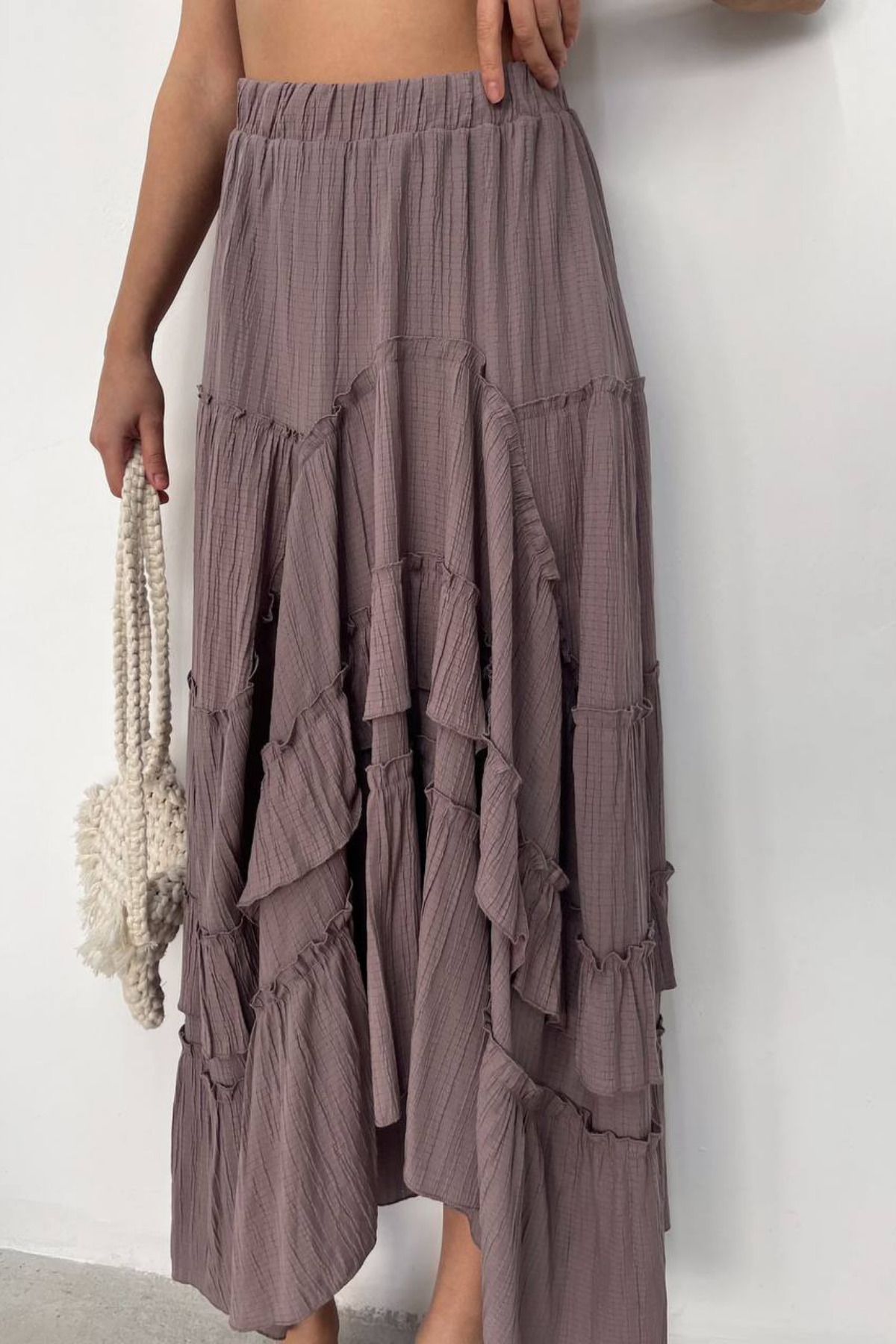 Nana & Mayka Moda Nana Mayka Moda Kadın Vizon Gofre Fırfırlı Uzun Etek – Astarlı, İç Göstermez, Yazlık, Volanlı 3001