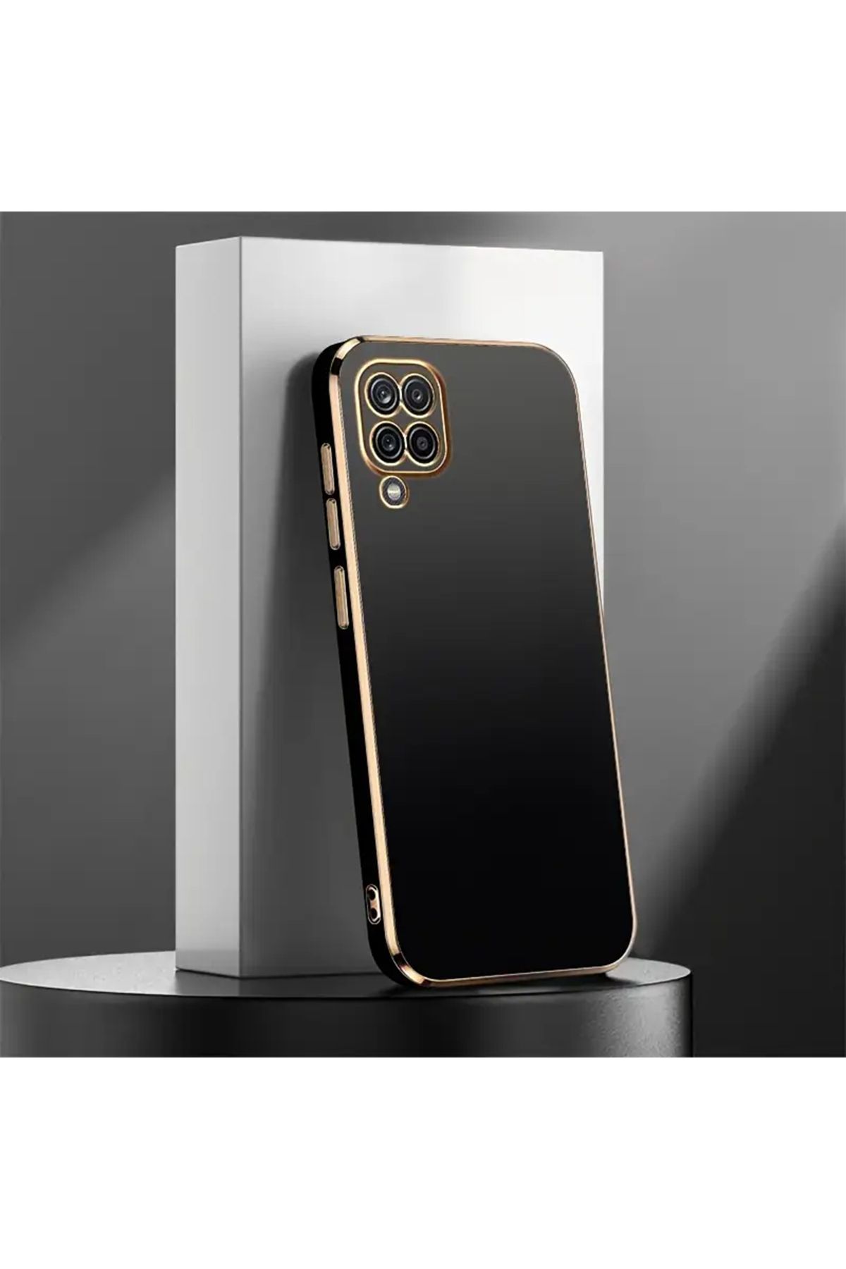 Merwish Galaxy A12 Uyumlu Lazer Kesim Gold Çerçeve Siyah Kapak Kılıf