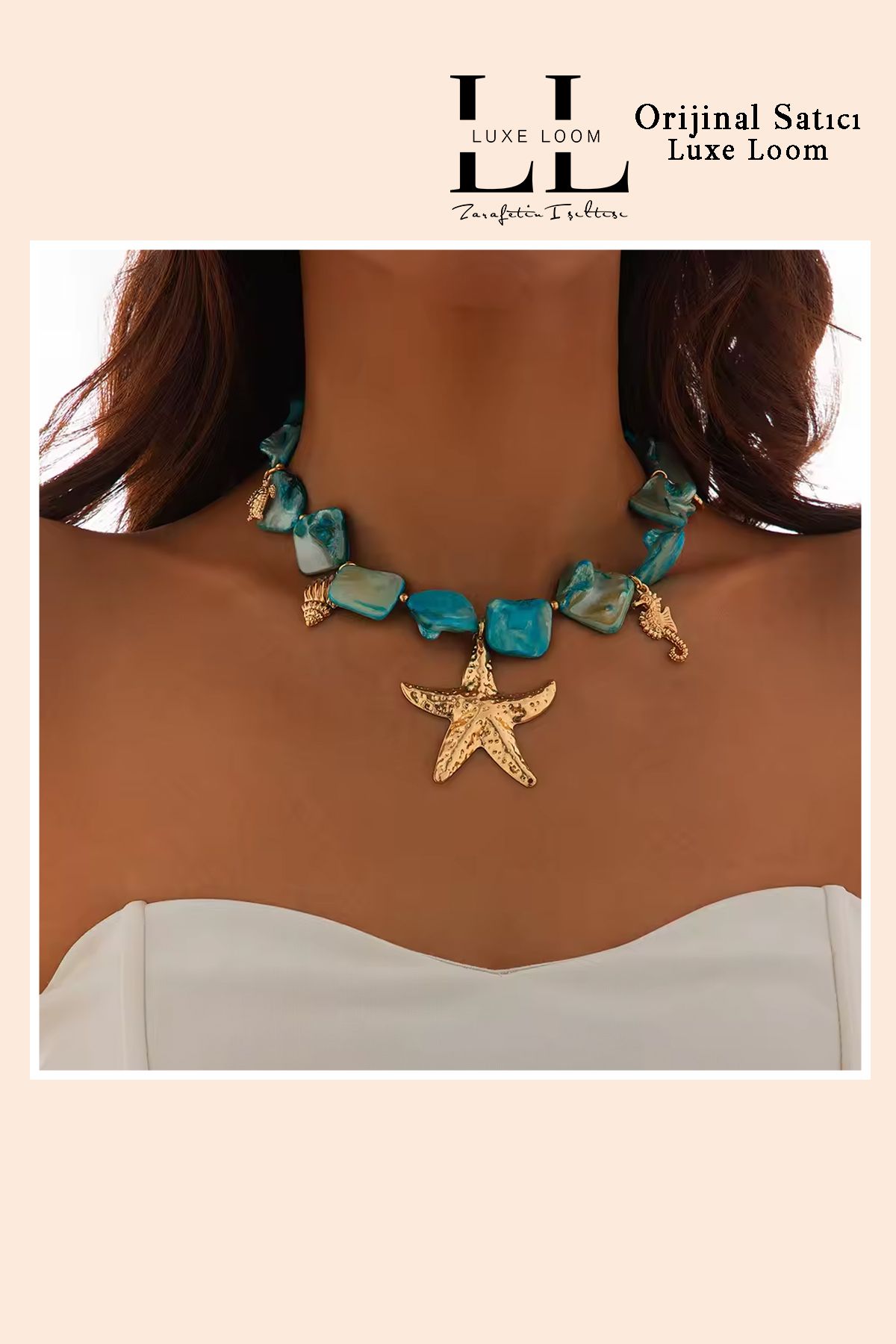 Luxe Loom Zarafetin Işıltısı Kadın Mavi Taşlı Plaj Şıklığı Yazlık Kolye 001
