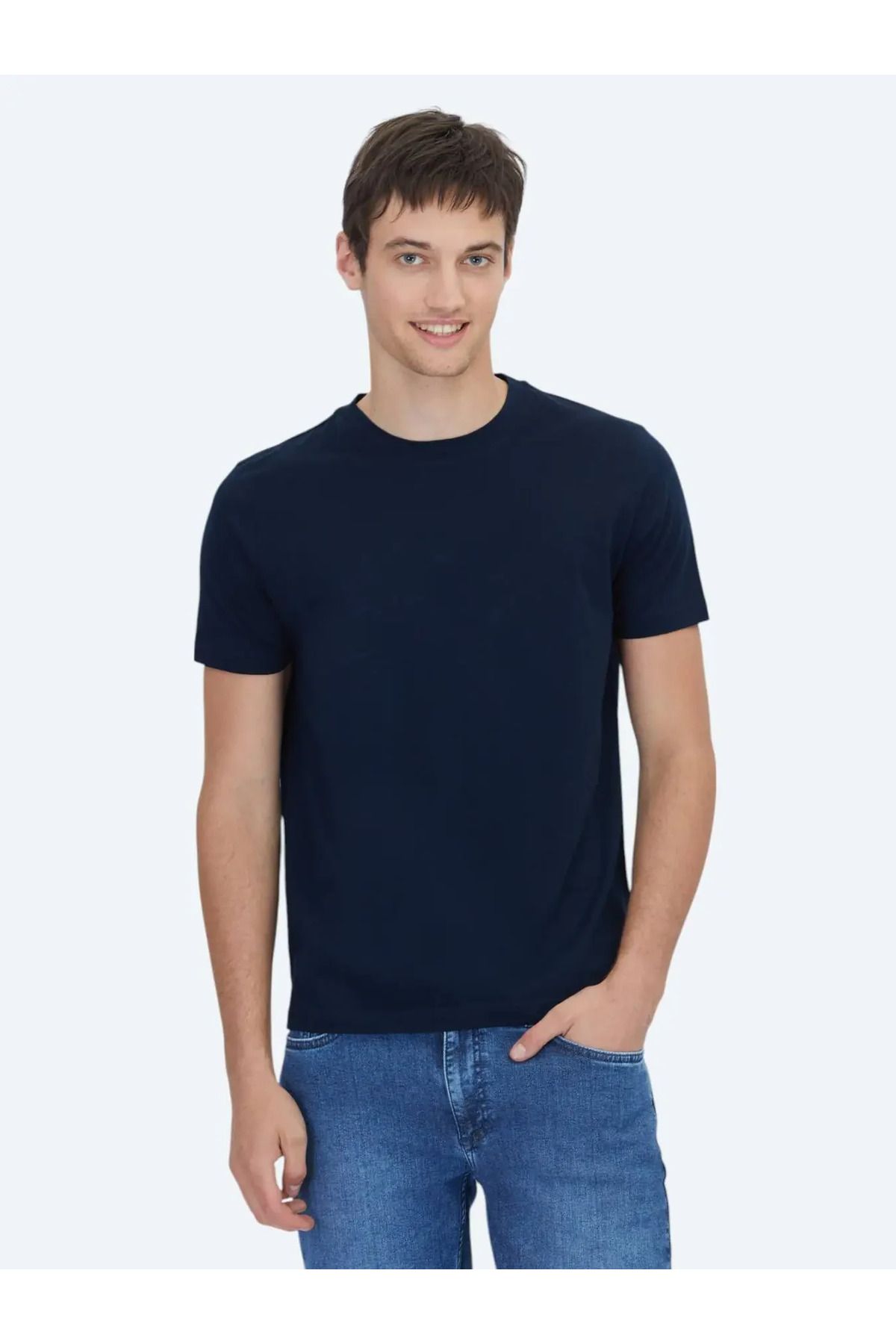Ramsey Lacivert Düz Bisiklet Yaka %100 Pamuk T-Shirt