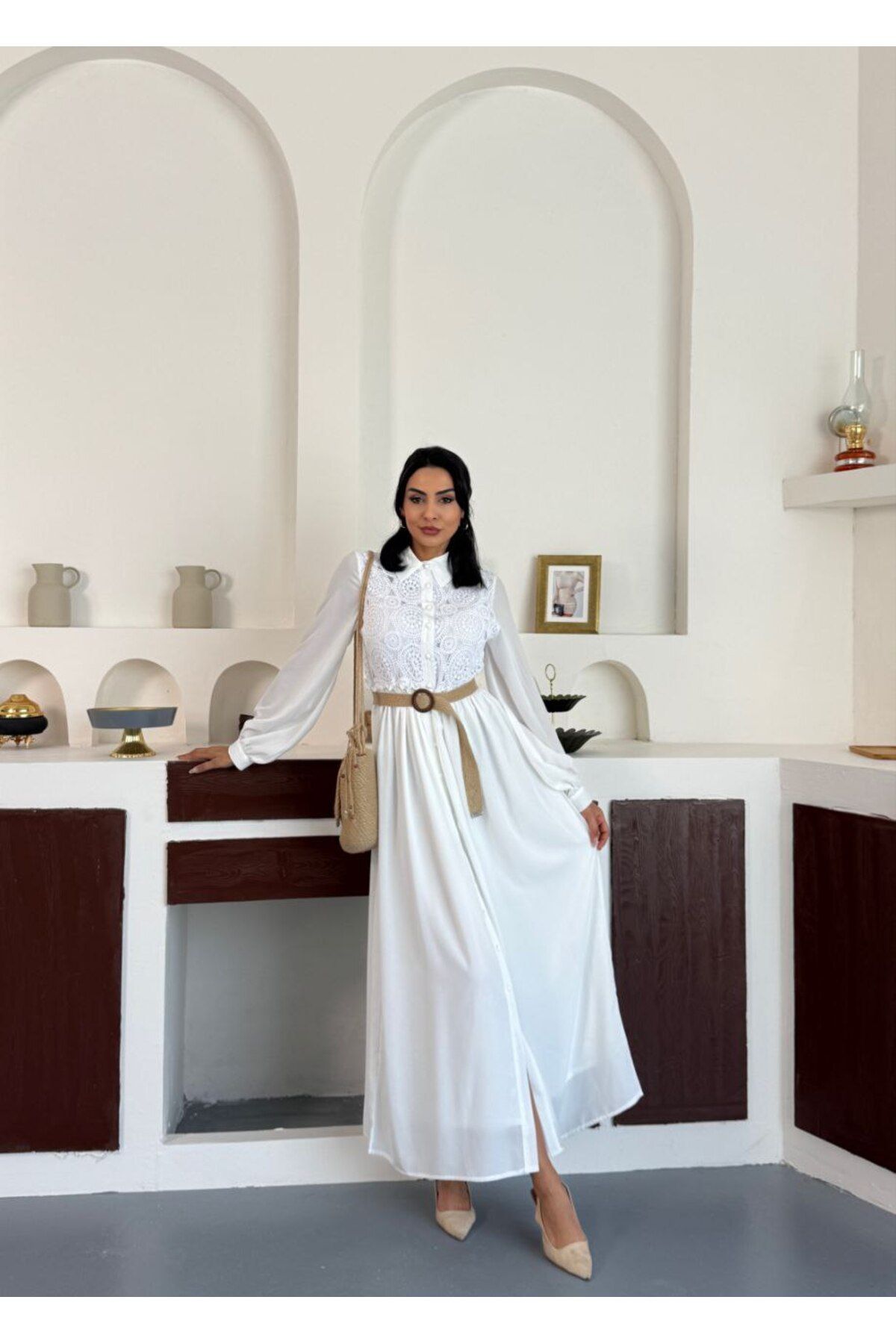 MSN Jennyfer Krep Kumaş&Dantel Detaylı Elbise (Astarlı)Hasır Kemer Dahildir-Beyaz-2559