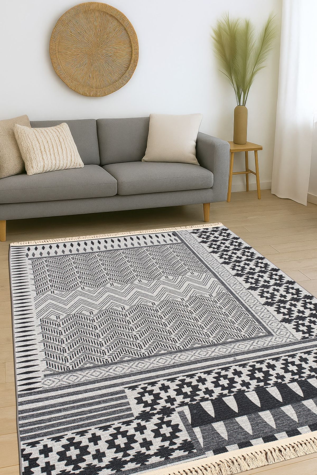 Massilia Home Satürn Modern Dijital Baskı Makinede Yıkanabilir Dokuma Kilim Gri İskandinav Desen Ev Oda Halısı