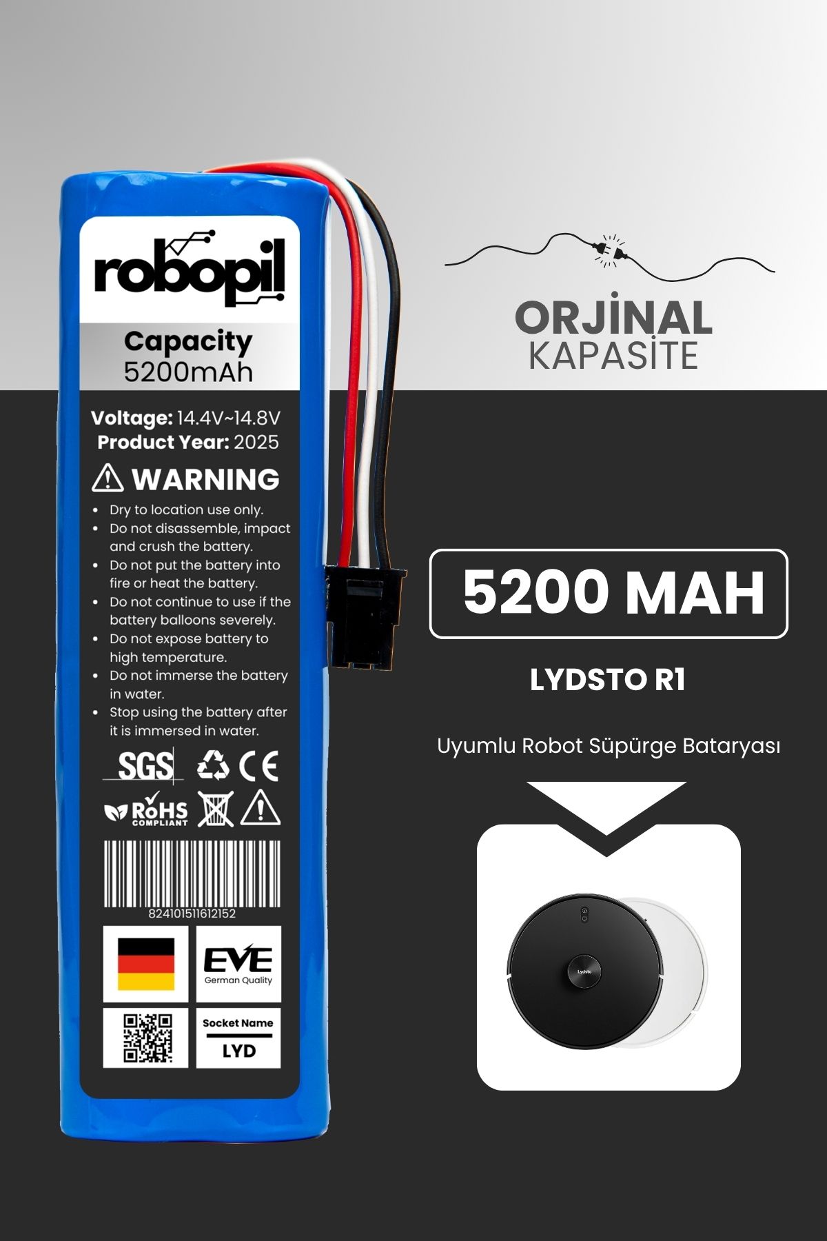 ROBOPİL Lydsto R1 Uyumlu Batarya (STANDART KAPASİTE) 5200mah Pil Akıllı Robot Süpürge Bataryası Değişimi