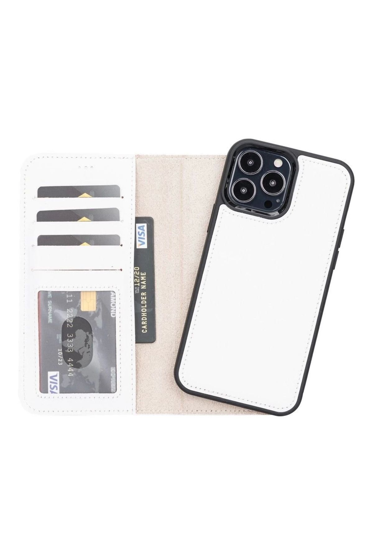 Modafiks iPhone 13 Pro Max Uyumlu Deri Cüzdanlı Kılıf F3 Beyaz