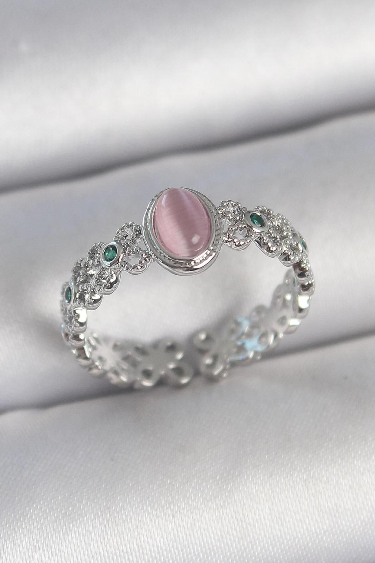 AfraBeauty 925 Ayar Paslanmaz Çelik Gümüş Zirkon Taş Detaylı Pembe Mineli Damla Model Ayarlanabilir Yüzük