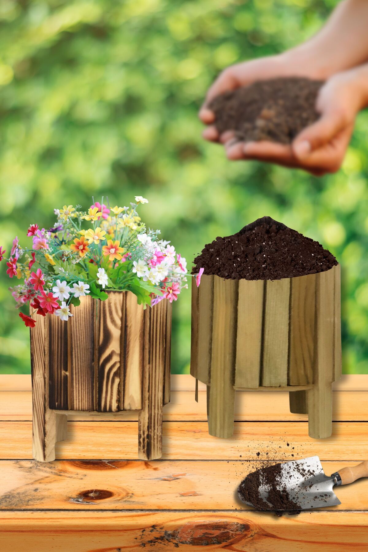 EL İŞİ DİY CRAFT Doğal Ahşap 2'li Ayaklı Saksı, Bahçe, Balkon, Ev, Çiçeklik, Dekoratif Bohem Konsept Tasarım