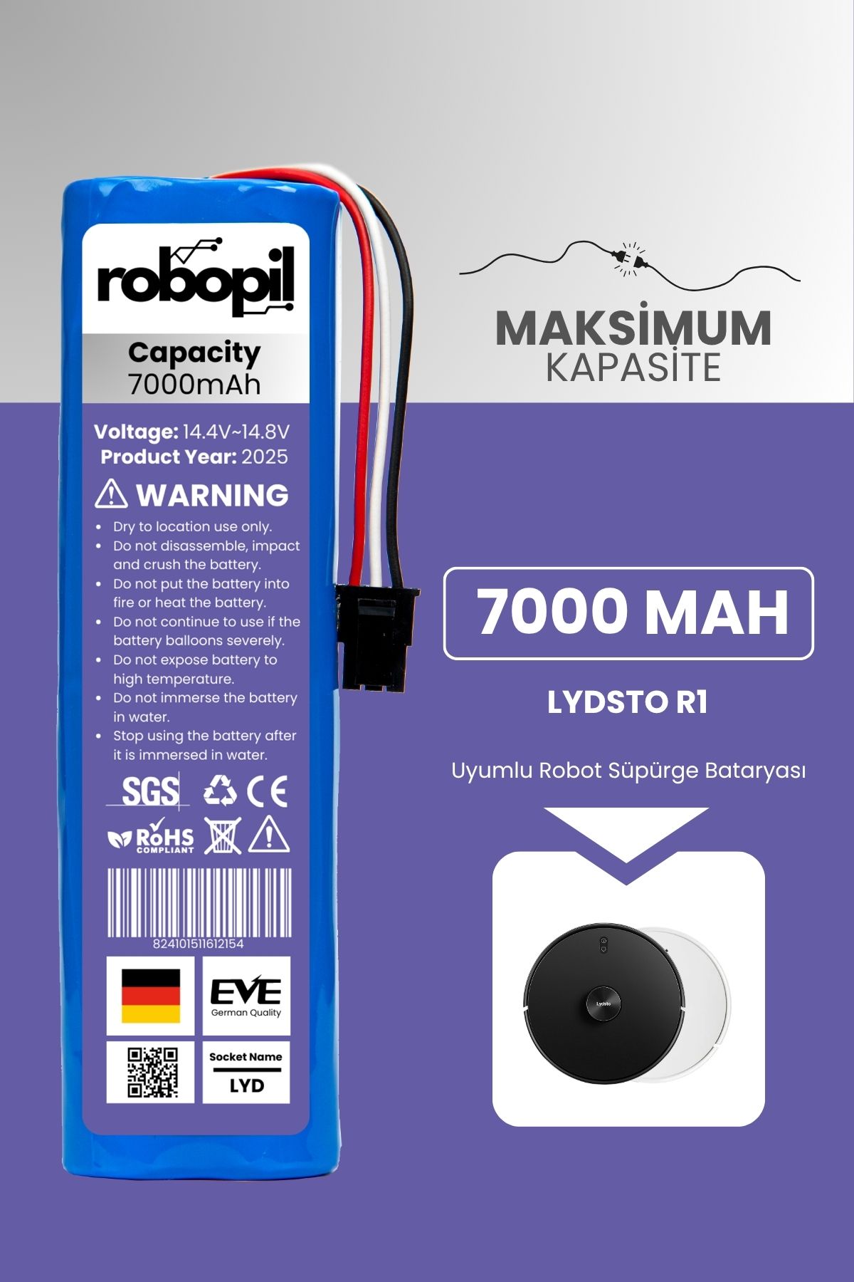 ROBOPİL Lydsto R1 Uyumlu Batarya (MAKSİMUM KAPASİTE) 7000mah Pil Robot Süpürge Bataryası Değişimi