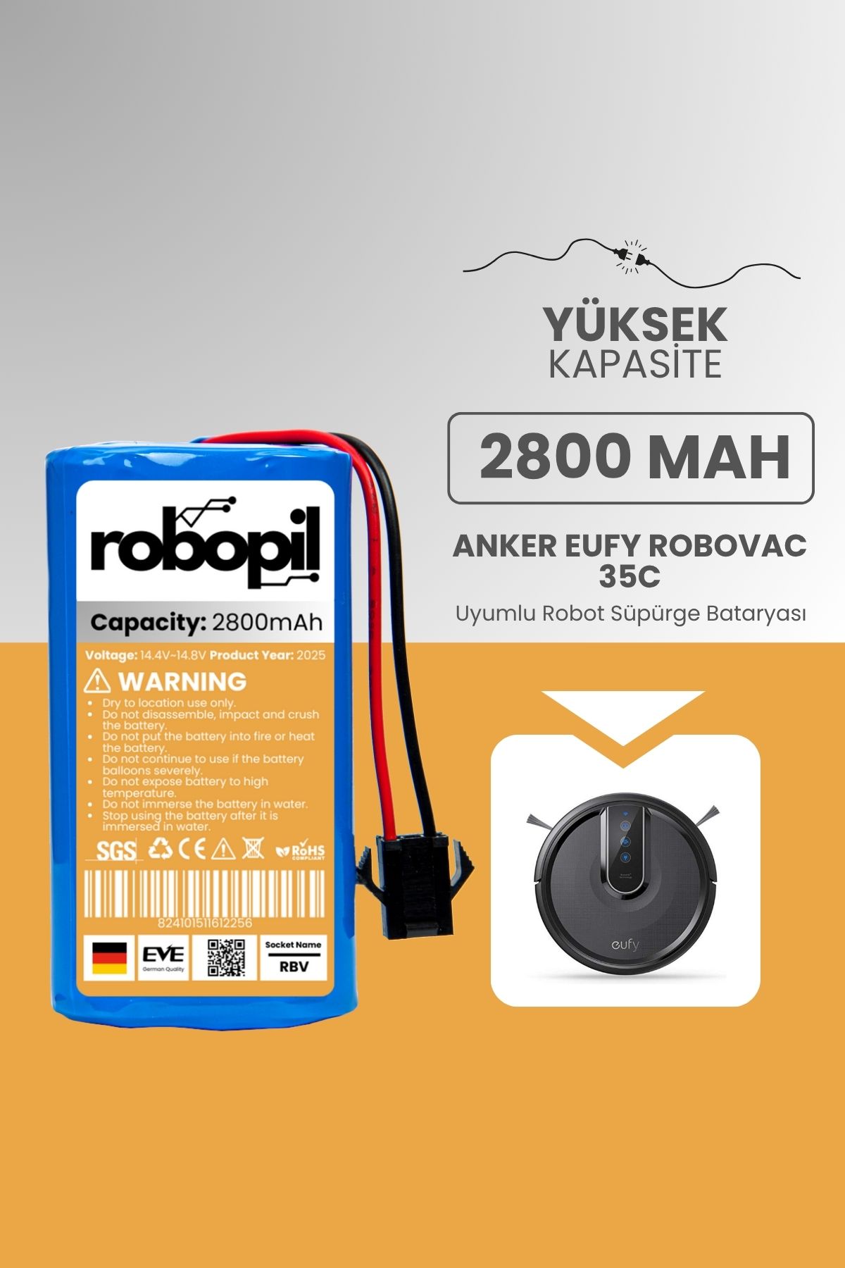 ROBOPİL Eufy Robovac 35c Pil Batarya [Yüksek Kapasite] 2800mah Akıllı Robot Süpürge Bataryası Değişimi