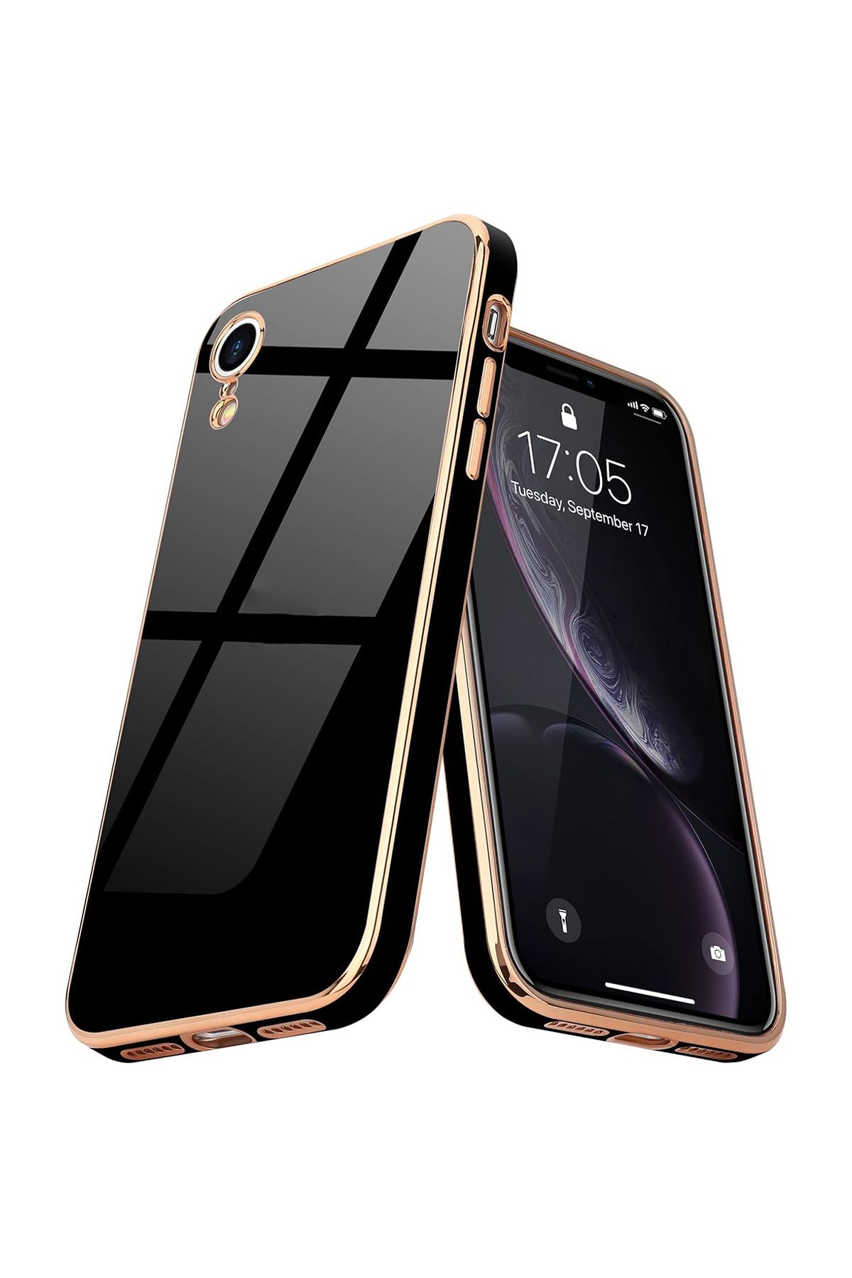 Merwish iPhone Xr Uyumlu Lazer Kesim Gold Çerçeve Siyah Kapak Kılıf