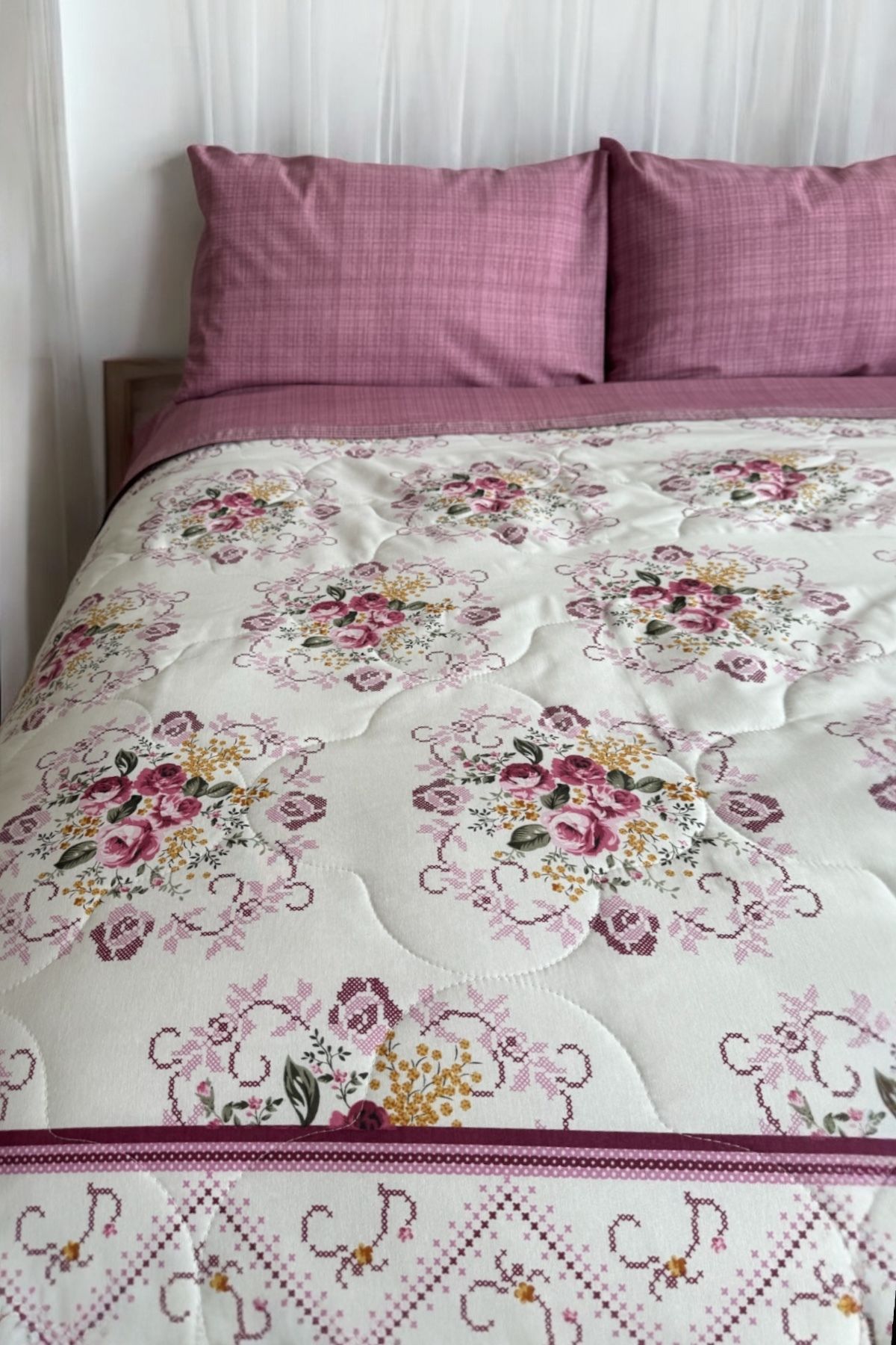 Alla Turca-Single Summer Sleeping Set |   Flat Sheet |   Cross Stitch Dusty Rose 4