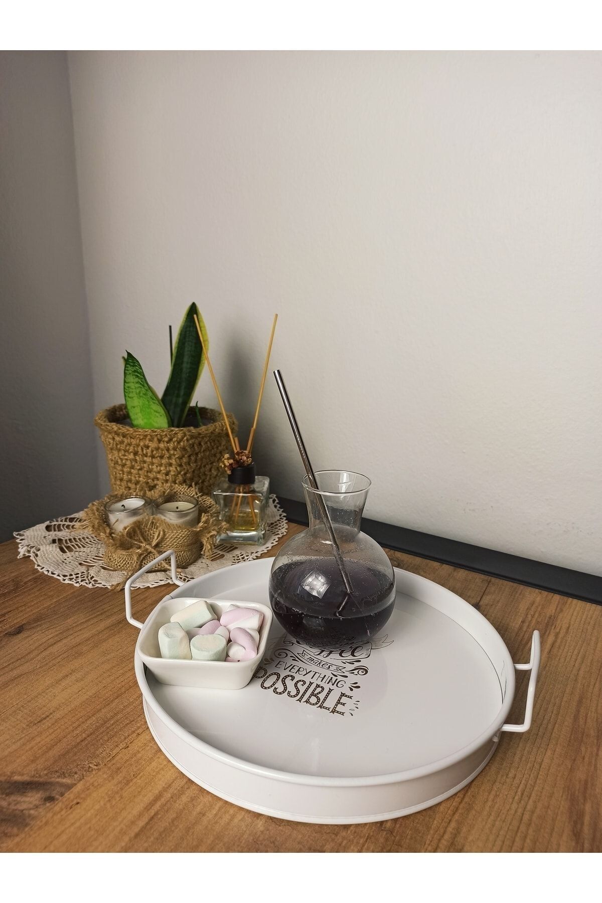Reoona Metal Sunum Tepsi.Çay Kahve Pasta Tatlı Servis 27 CM Beyaz